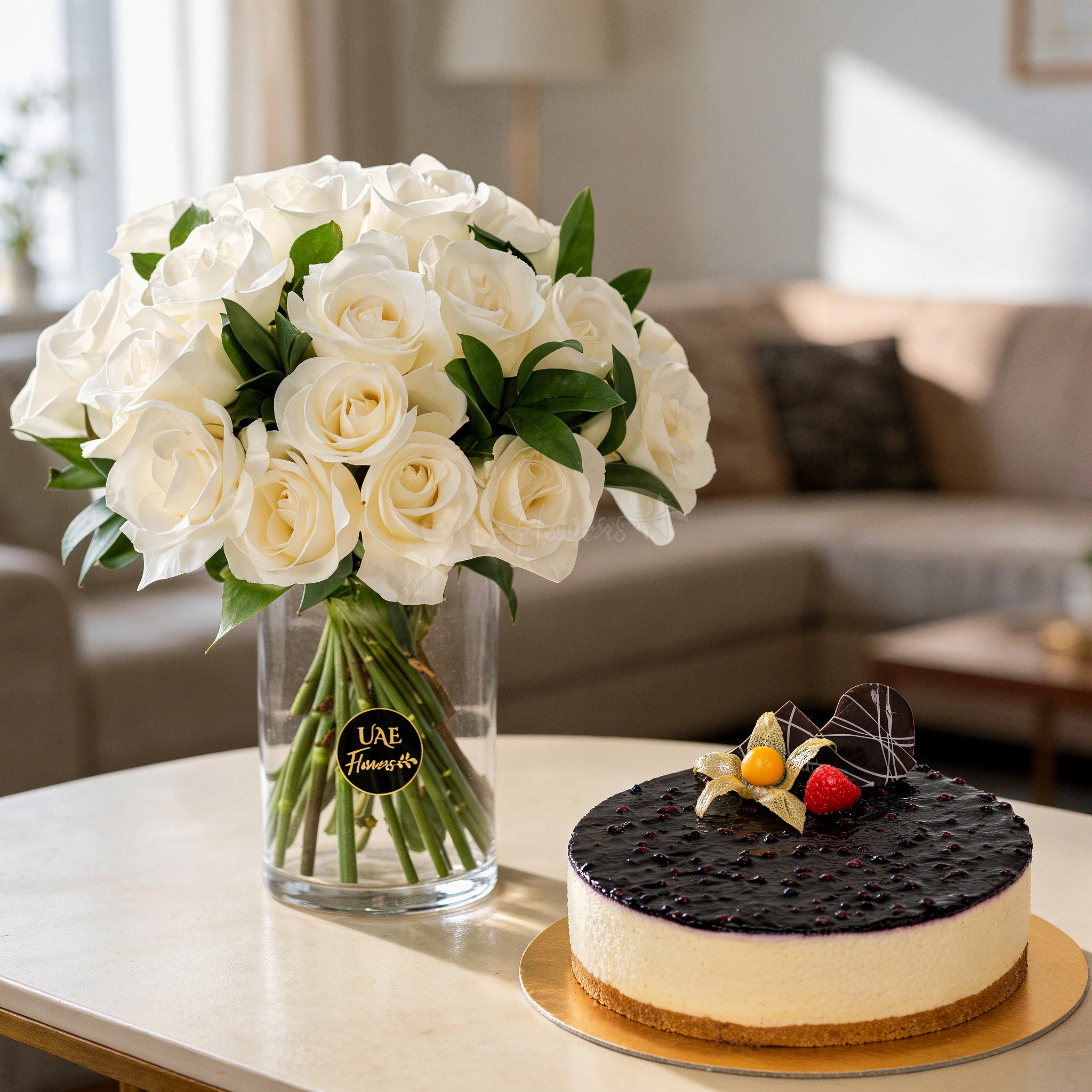 20 white roses with green fillers in glass vase and 1 kg Blueberry Mousse Cheesecake.