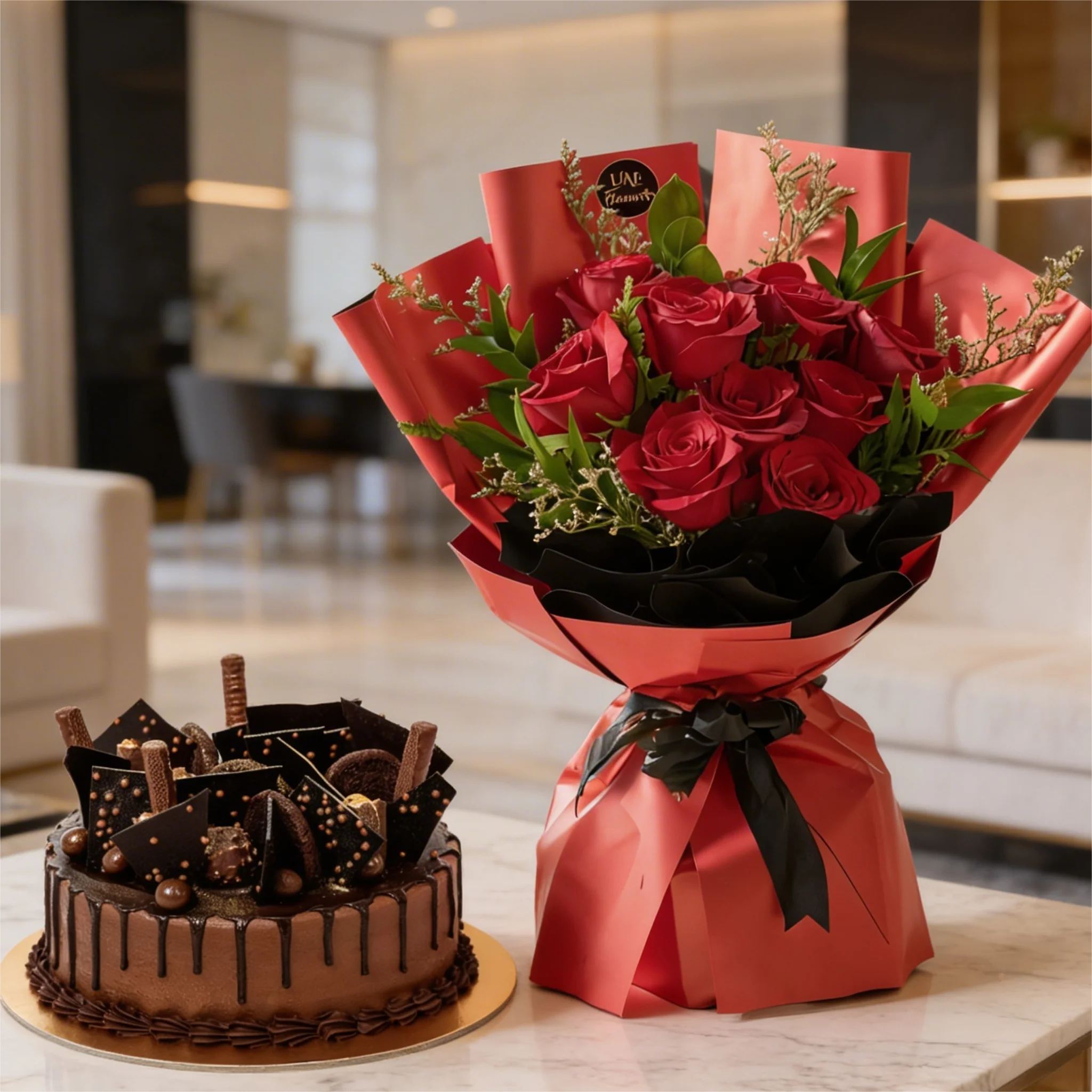 9 Red Roses with Chocolate Explosion Cake