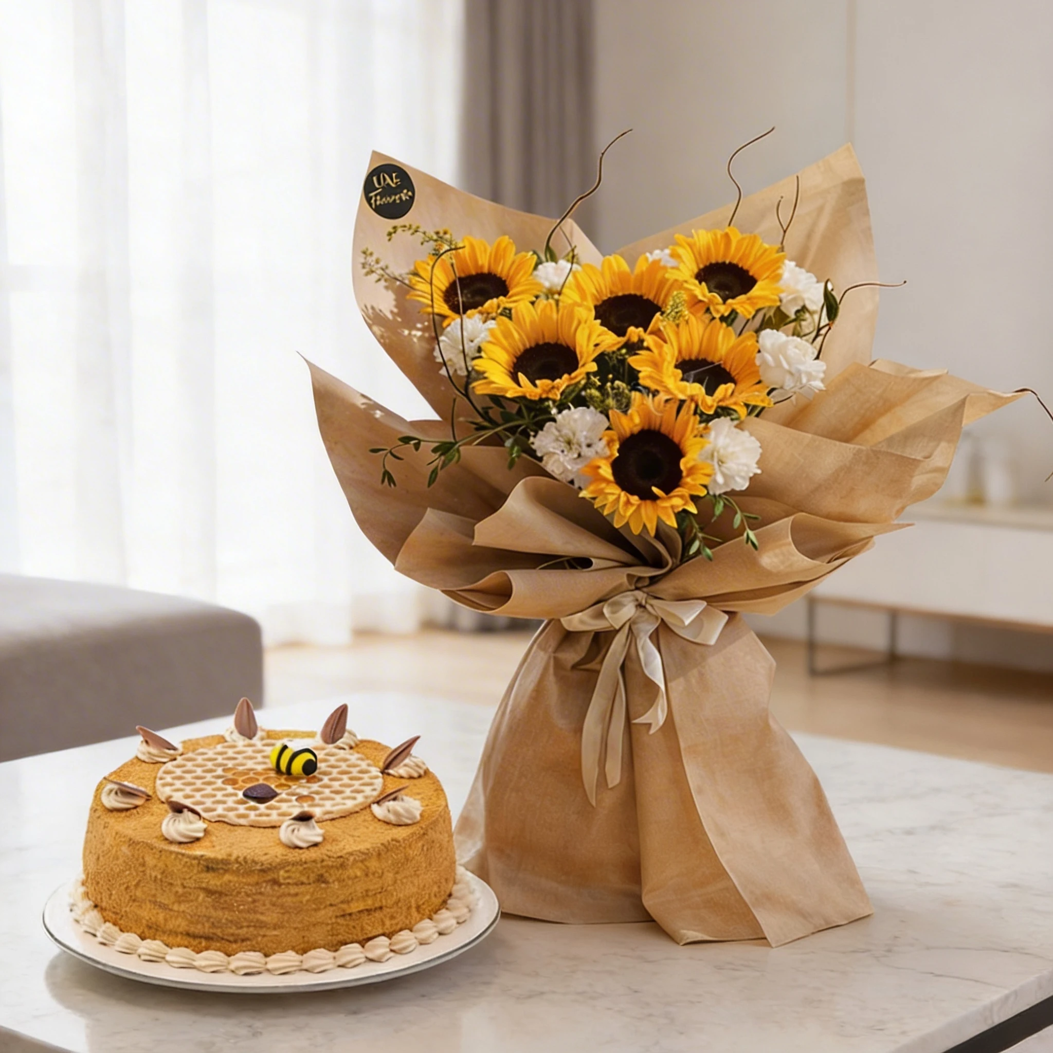 Bouquet of 7 sunflowers, 7 white carnations wrapped in jute and a silver satin ribbon and 1 kg Honey Cake.