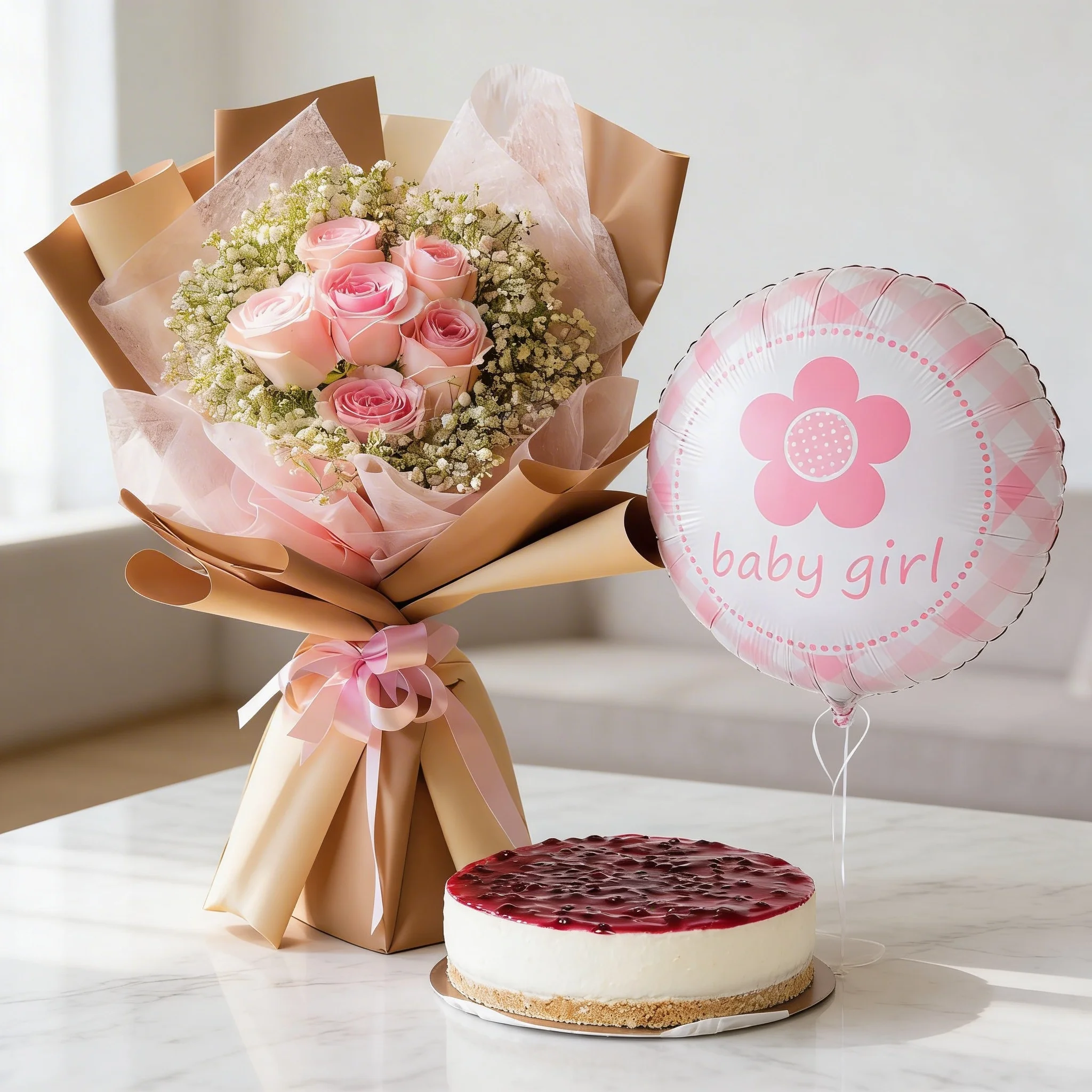 Pink Roses with Blueberry Cheesecake Baby Girl