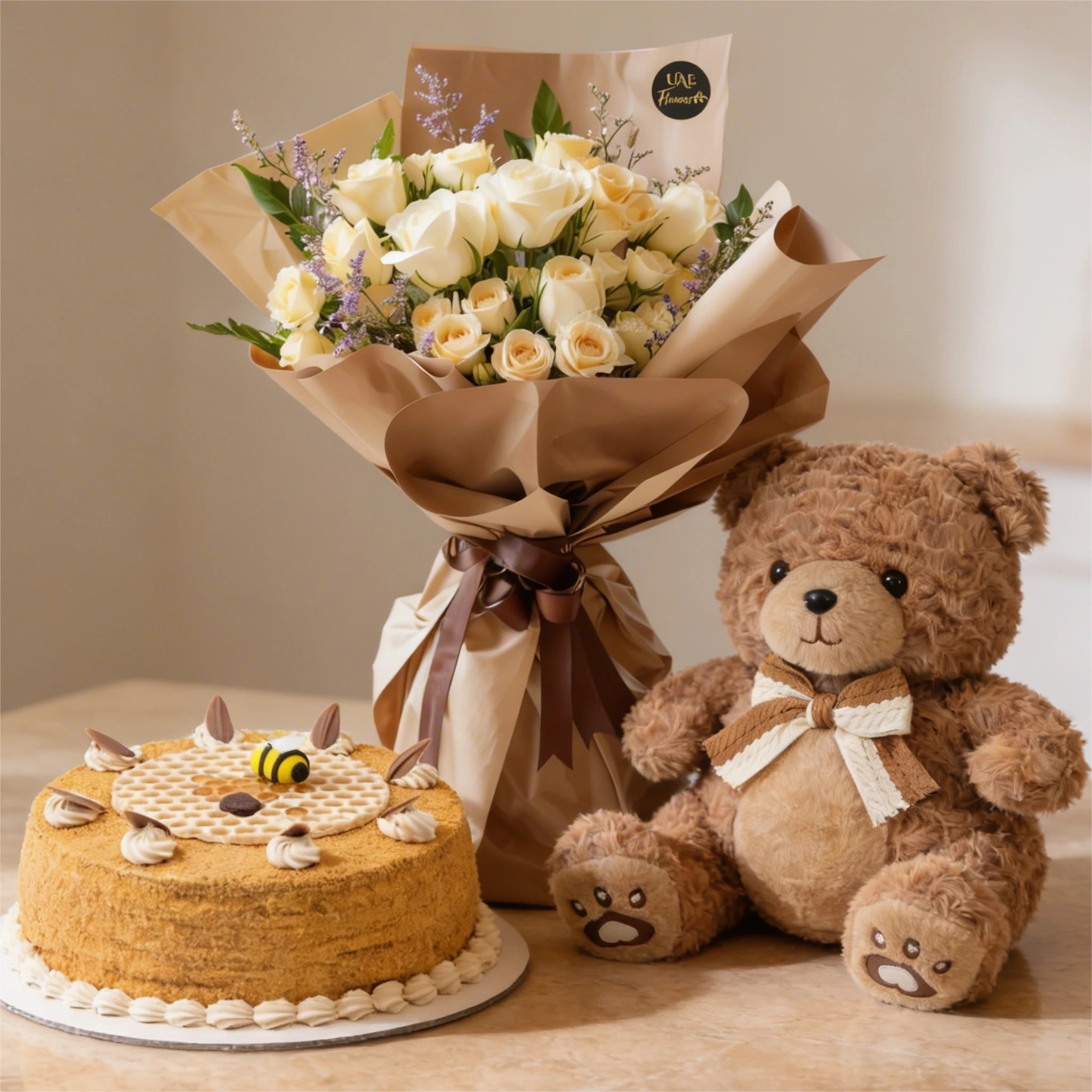 Bouquet of 8 white and peach roses and 2 peach spray roses with green fillers in paper packing with ribbons and 1 kg Honey Cake.