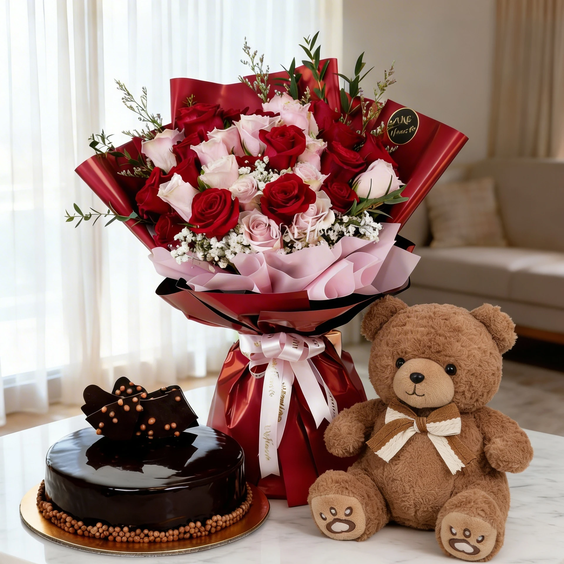 Bouquet of 10 red roses and 10 pink roses with green & baby's breath fillers in paper packing tied with pink ribbons 1 Kg Chocolate Fudge Cake and small brown teddy bear.