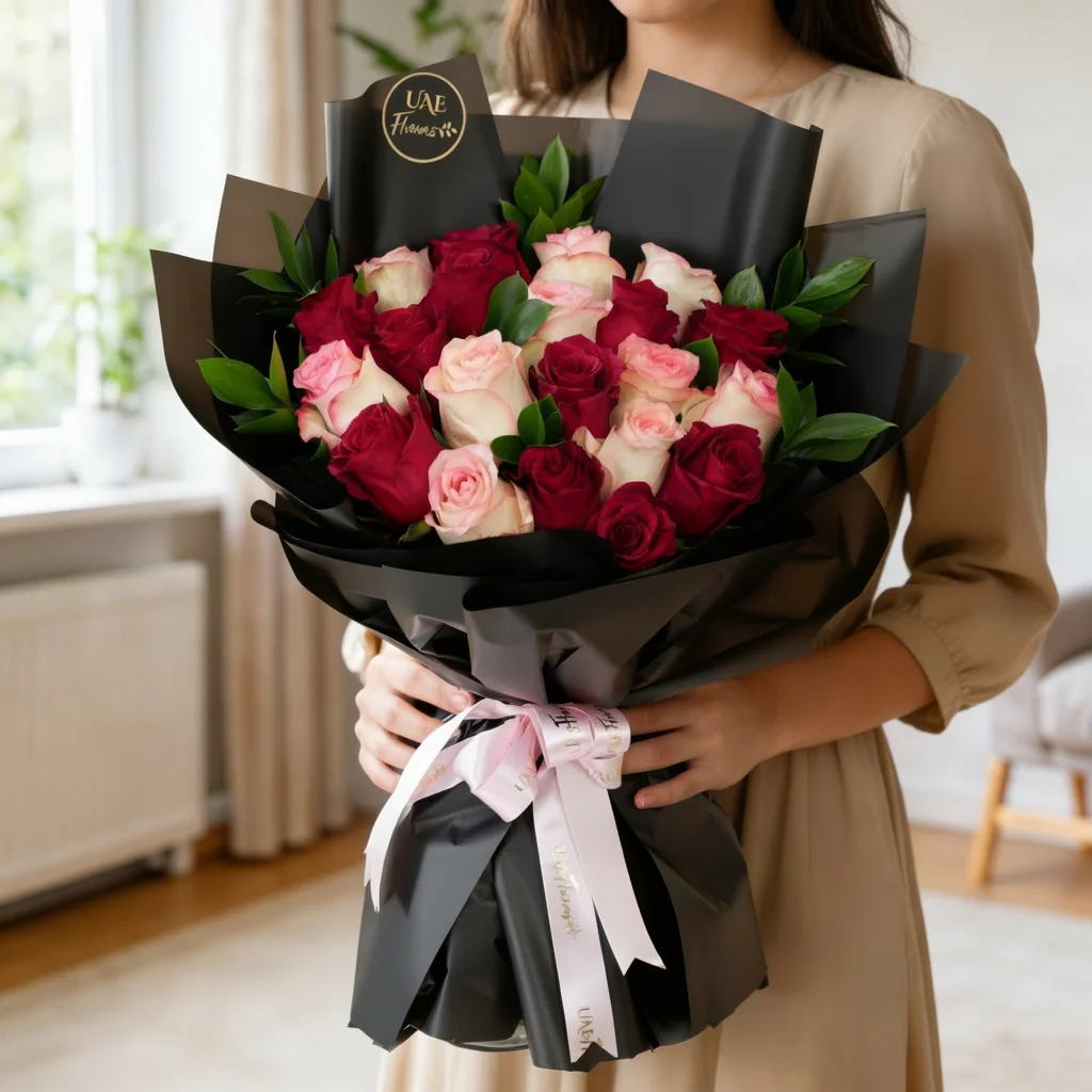 Bouquet of 20 pink and red roses with green fillers in black wrapping paper.