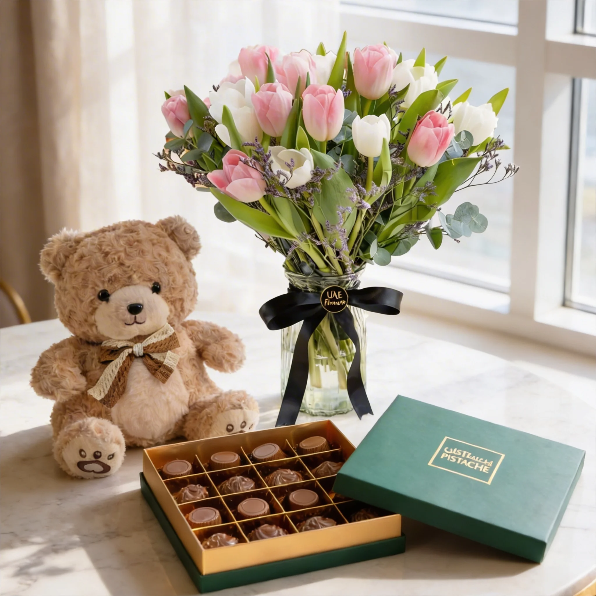 Pink & White Tulips with Pistache Chocolate and Teddy