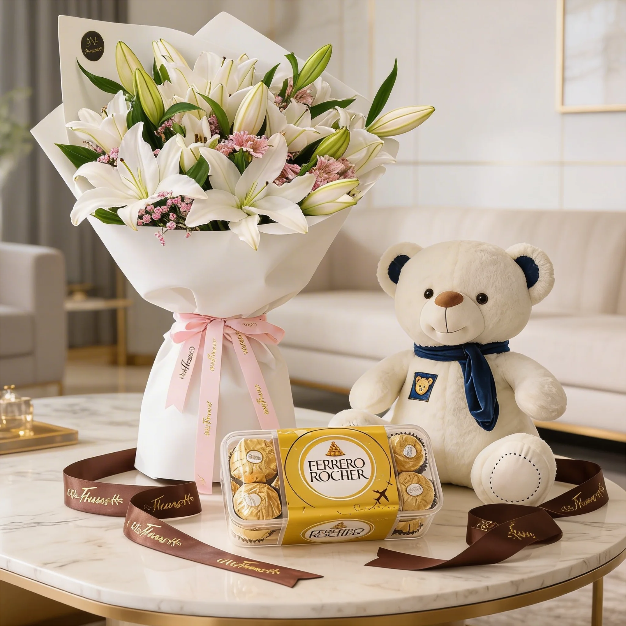 White Lilies with Teddy and Ferrero Rocher 16s