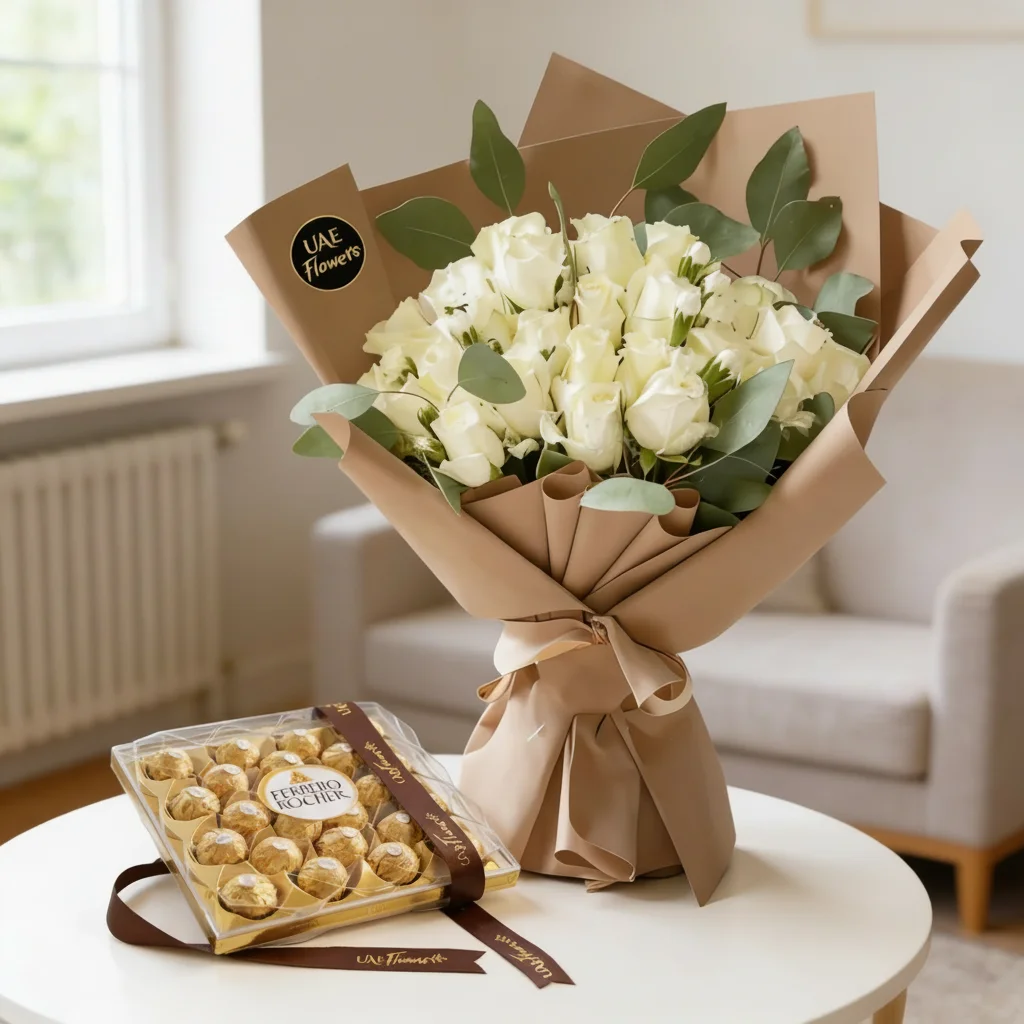20 White Roses with Ferrero Rocher 24 Pcs