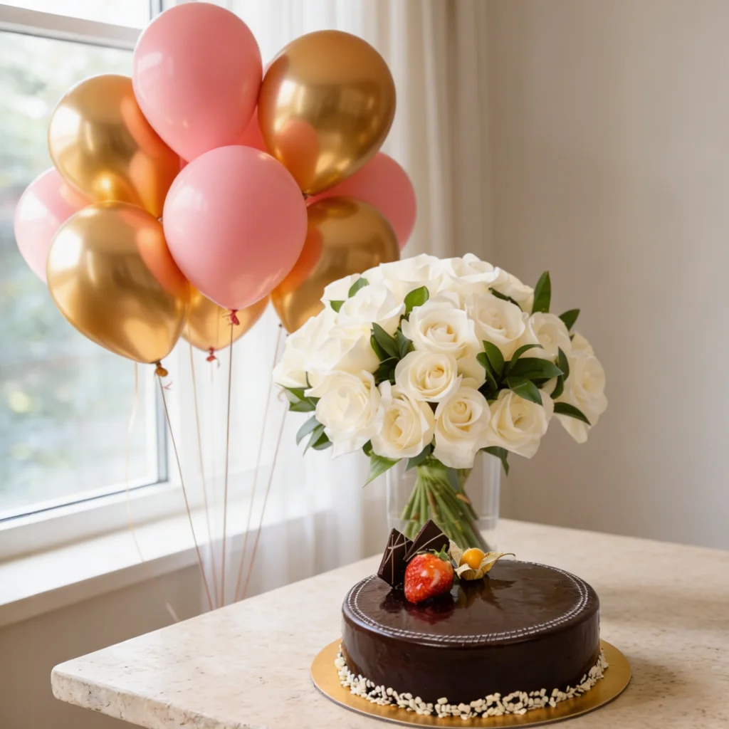 20 White Roses with Chocolate Mousse Cake and Balloons