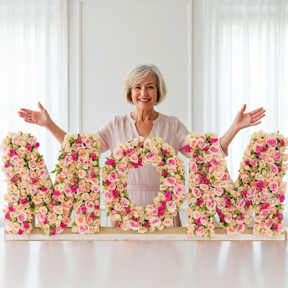 Spray roses in an MOM shape arrangement.