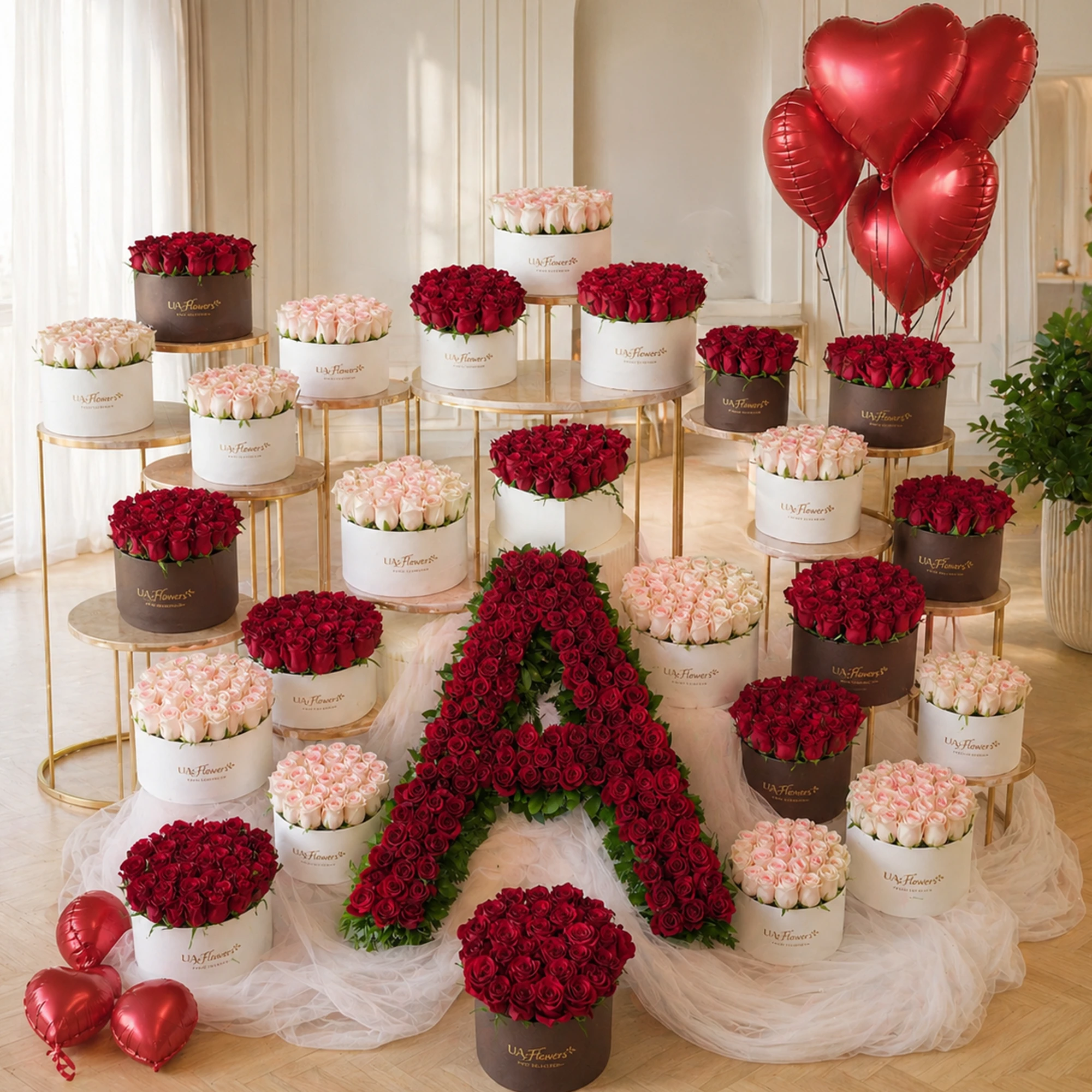 12 boxes of pink roses (30 Pink Roses in each box) 13 boxes of red roses (30 Red Roses in each box) A shaped customized roses arrangement (150 red roses) 5 red heart shaped foil balloons