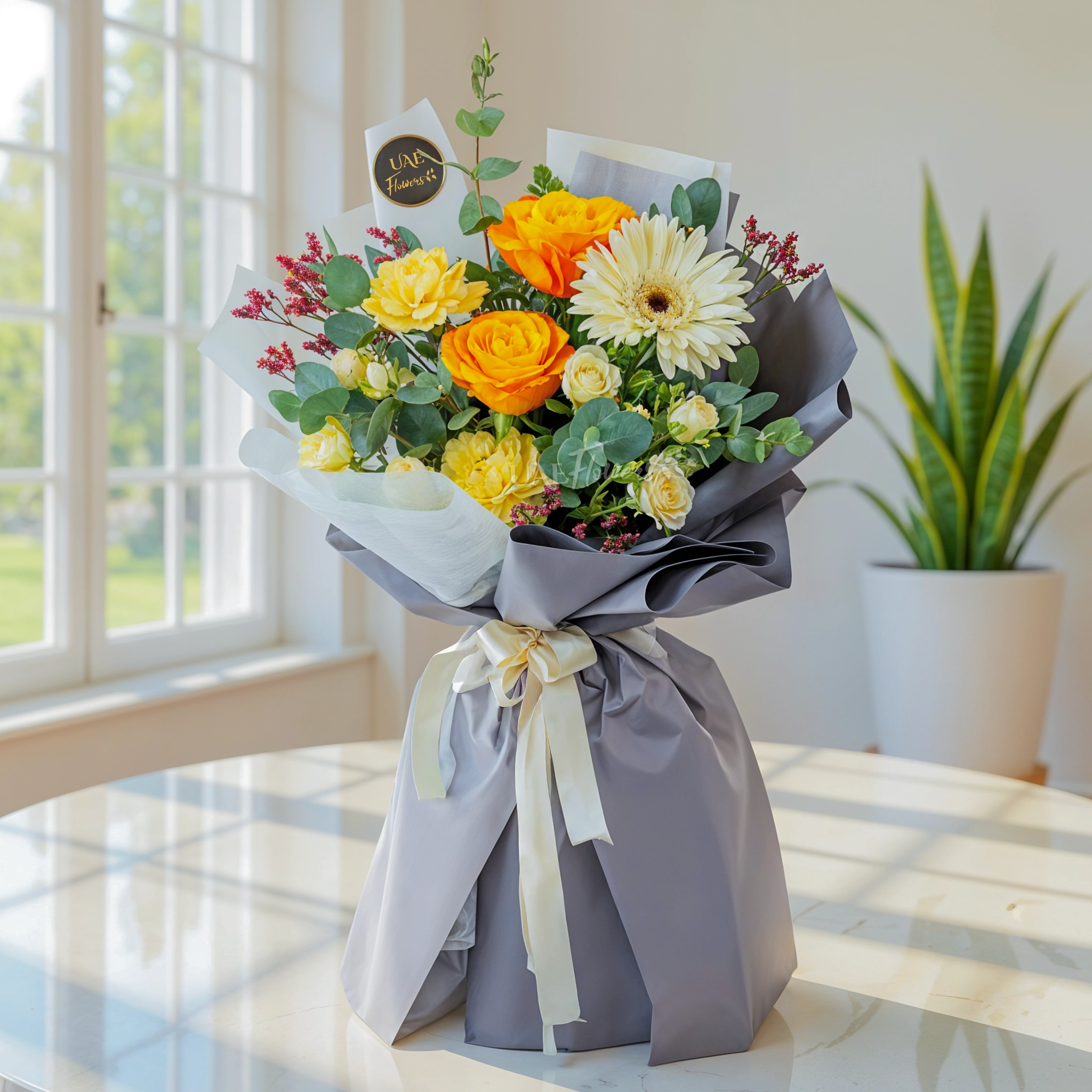 Bouquet of 2 Orange Roses, 2 Yellow Carnations, 2 white spray roses with eucalyptus leaves and limonium in nice wrapping.