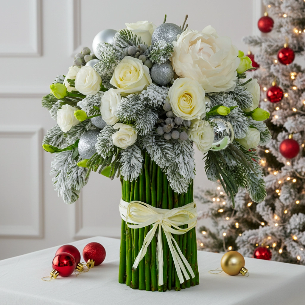 Frosted white Christmas bouquet with roses, peonies, silver ornaments and snowy greens