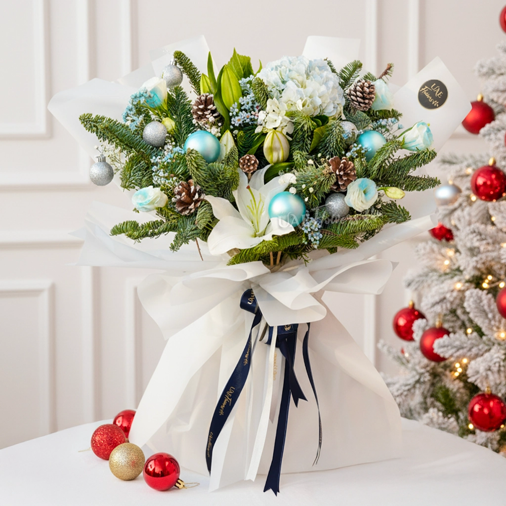 Luxury blue and white Christmas bouquet with pinecones and ornaments