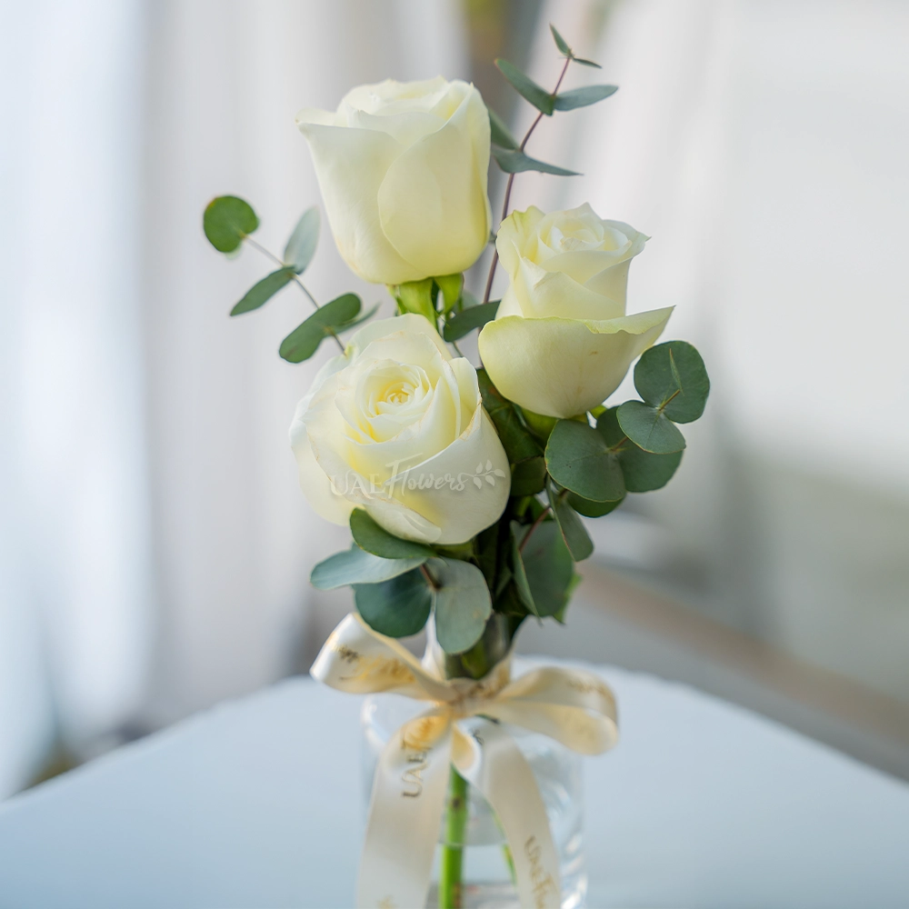 Pure Trio White Rose Vase with fresh white roses in a clear vase