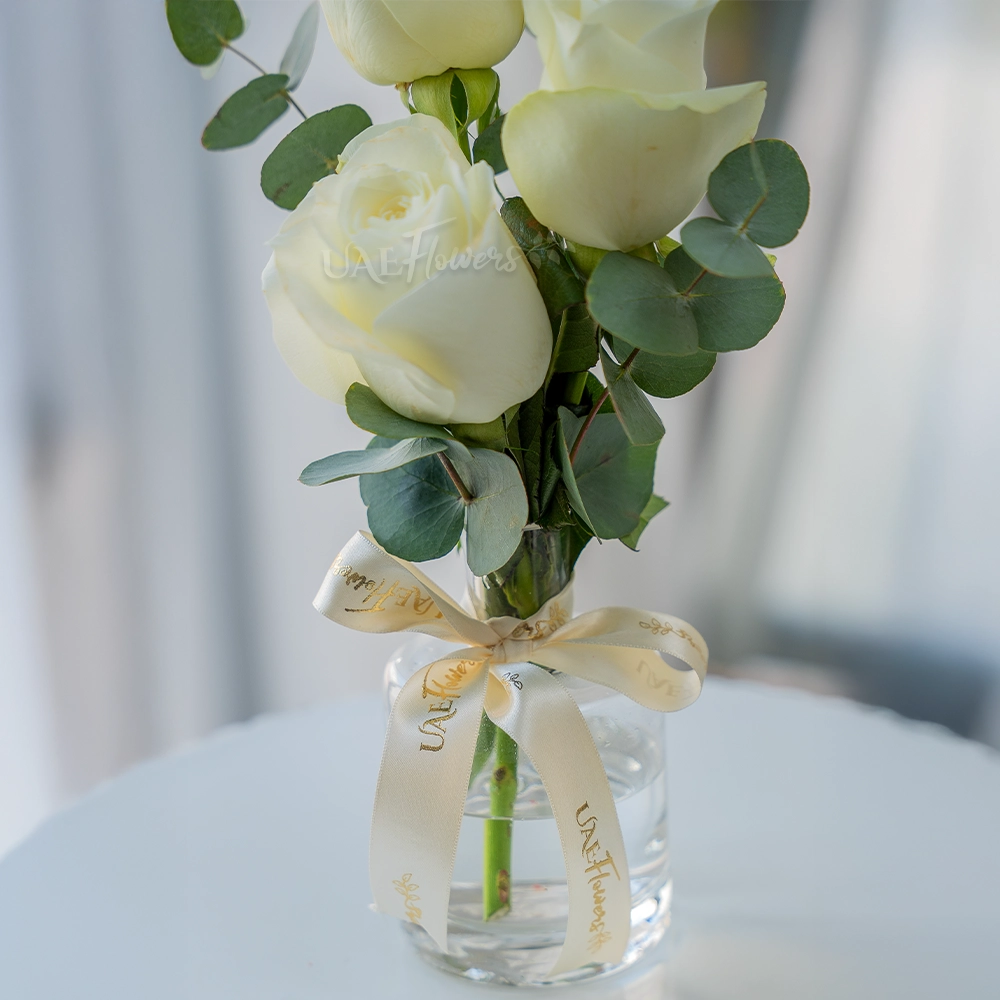 Pure Trio White Rose Vase with fresh white roses in a clear vase