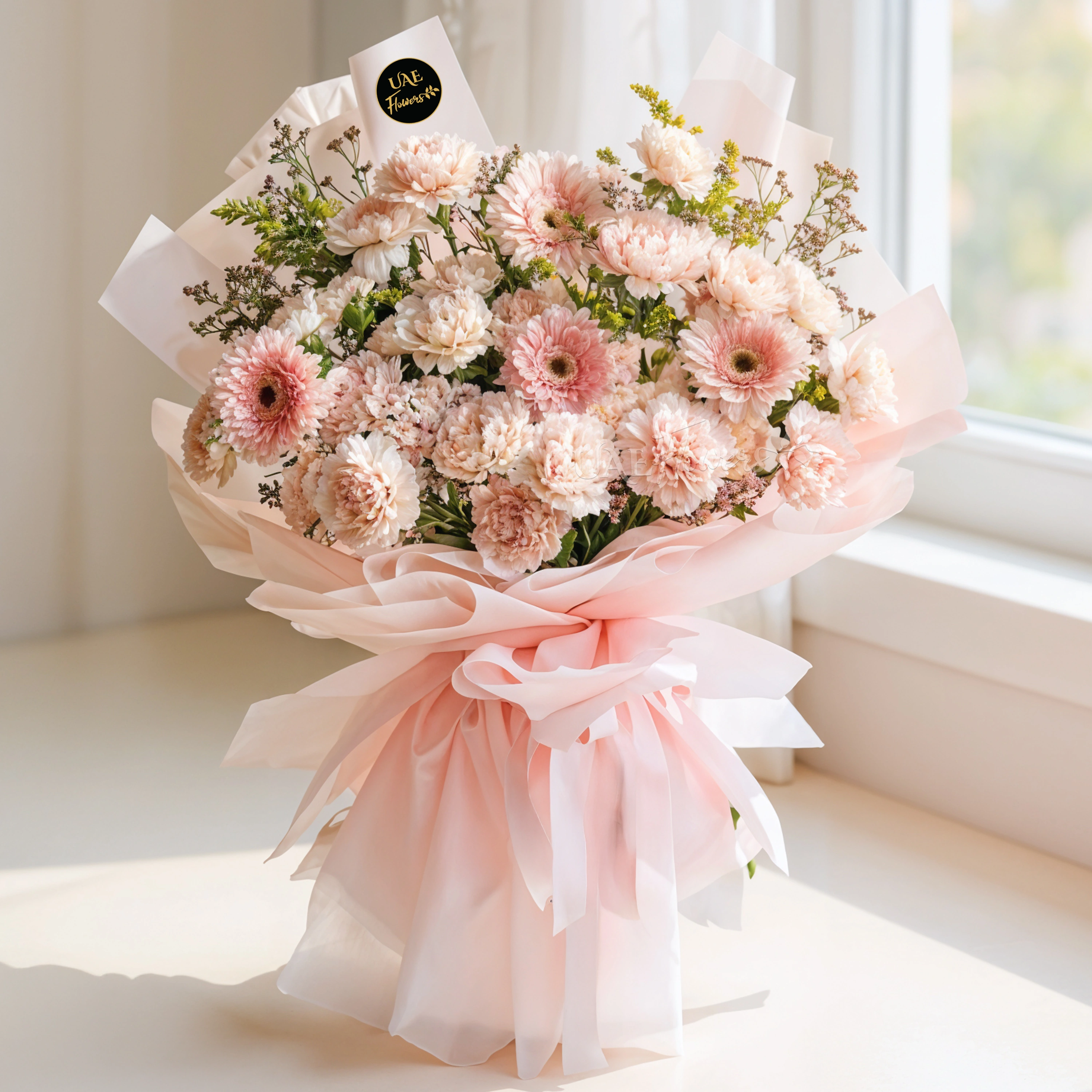 25 pink carnations, 4 pink gerberas wrapped in pink with solidago and limonium fillers.