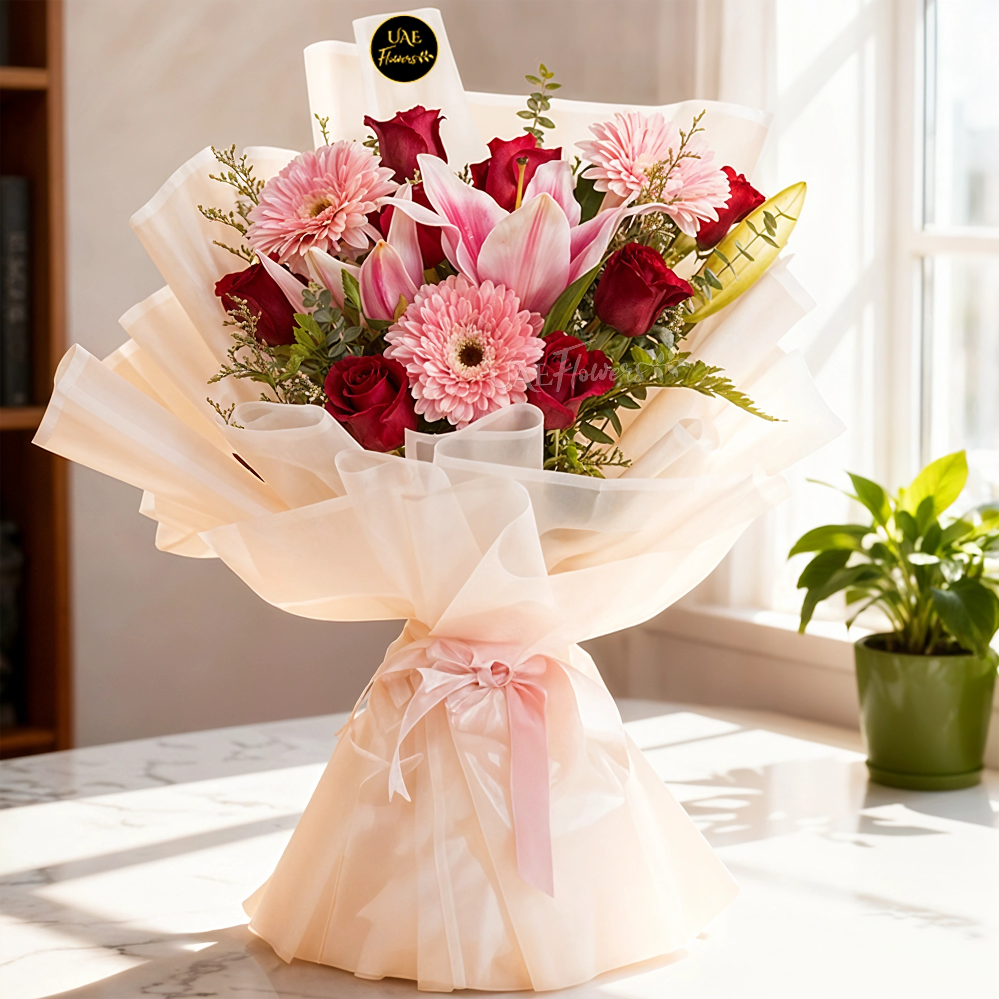 8 Red roses, 1 pink lily, 3 Pink Gerberas, Limonium, Eucalyptus, leather leaves wrapped in white with a satin pink ribbon