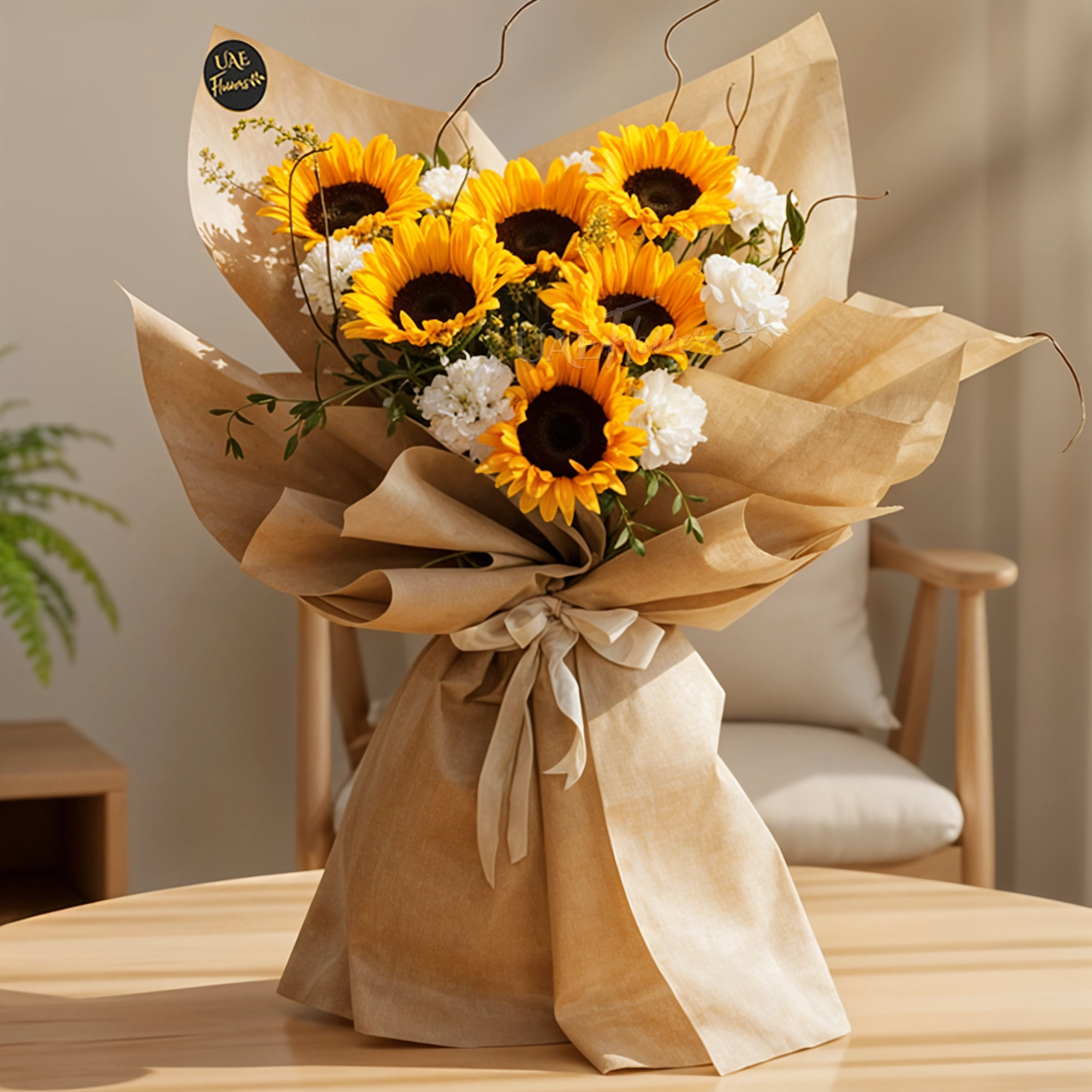 7 sunflowers, 7 carnations wrapped in jute and a silver satin ribbon.