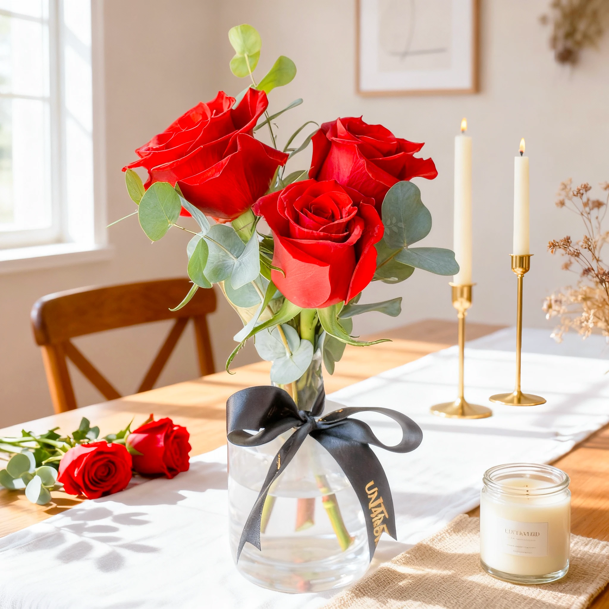 3 red roses with green fillers in a glass vase.