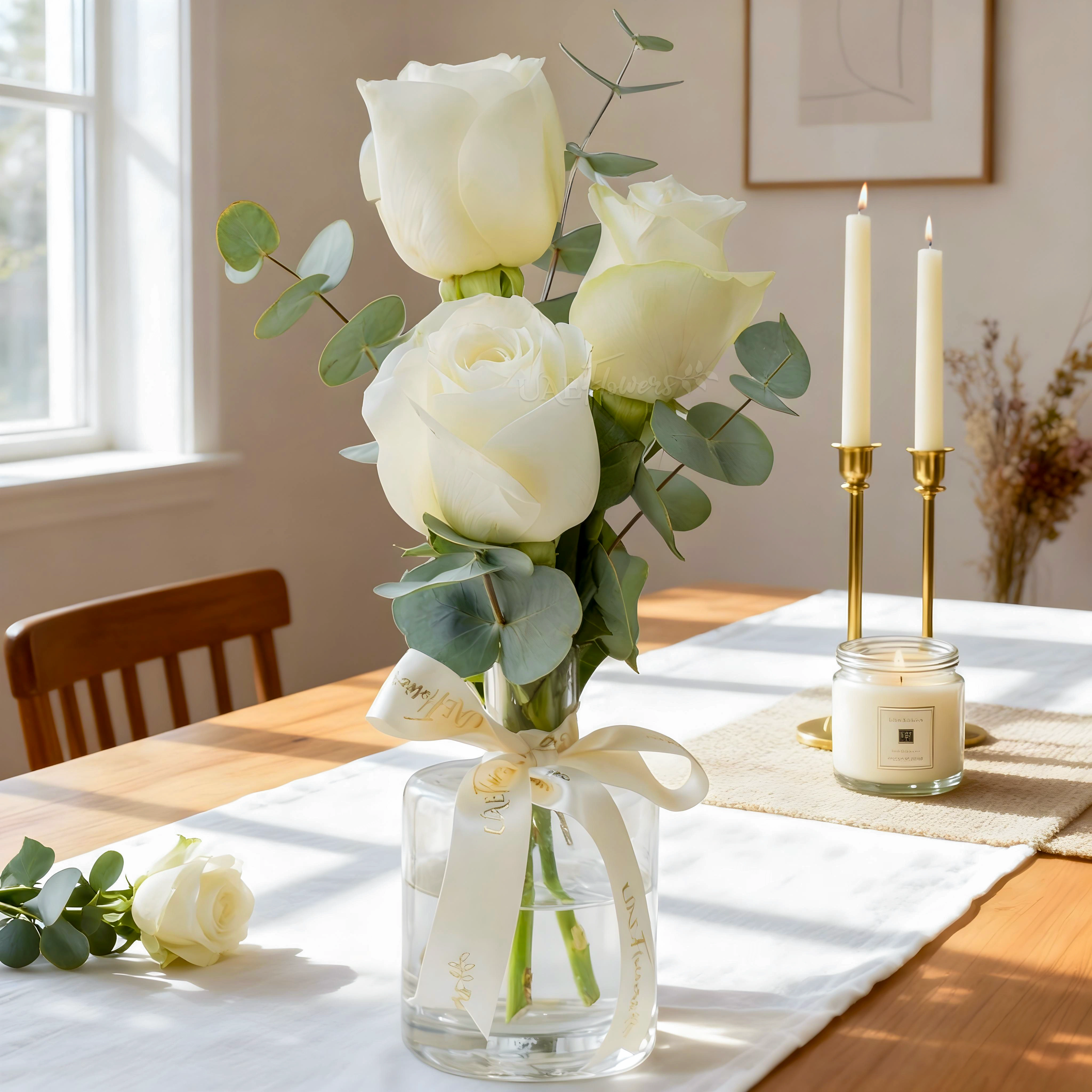 Pure Trio White Rose Vase with fresh white roses in a clear vase