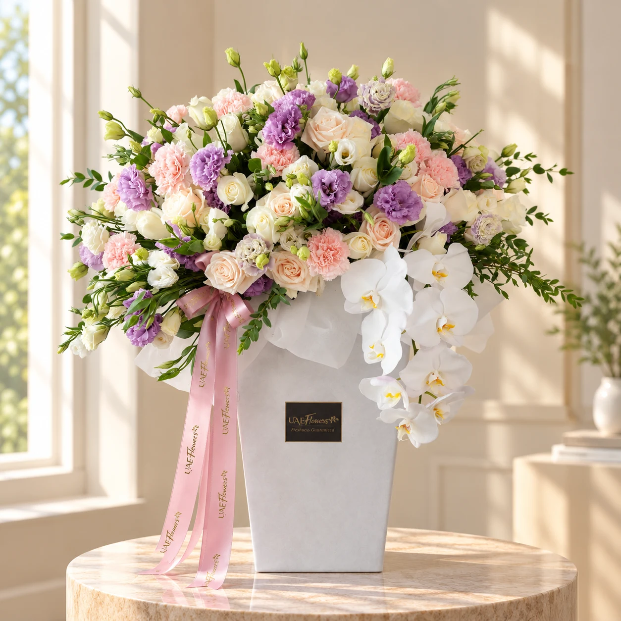 Luxury white rose flower box with purple and white lisianthus, pink carnations, and a white phalaenopsis orchid by UAE Flowers Dubai