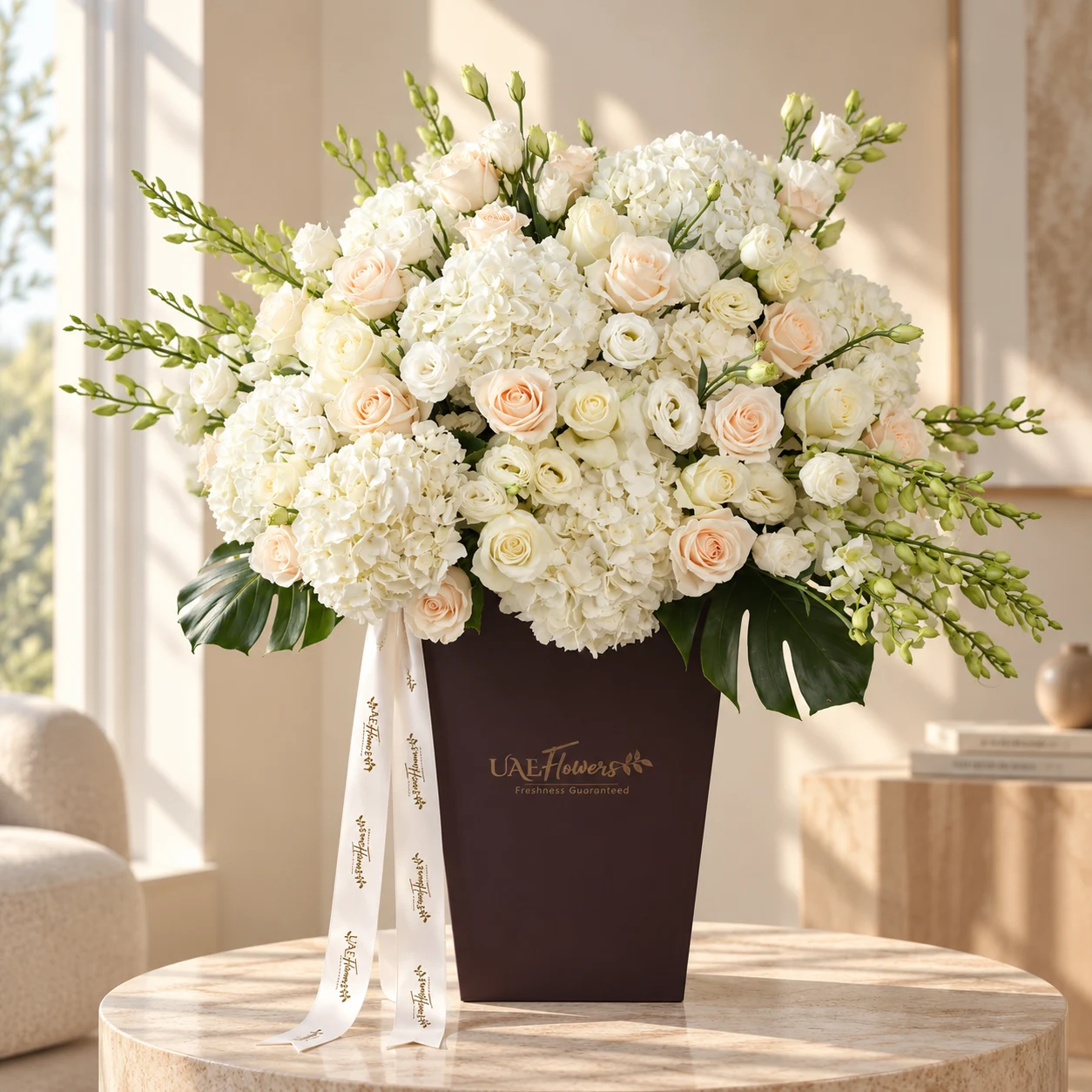 Luxury white flower box arrangement with white hydrangeas, cream and white roses, white lisianthus, white orchids, and monstera leaves by UAE Flowers Dubai.