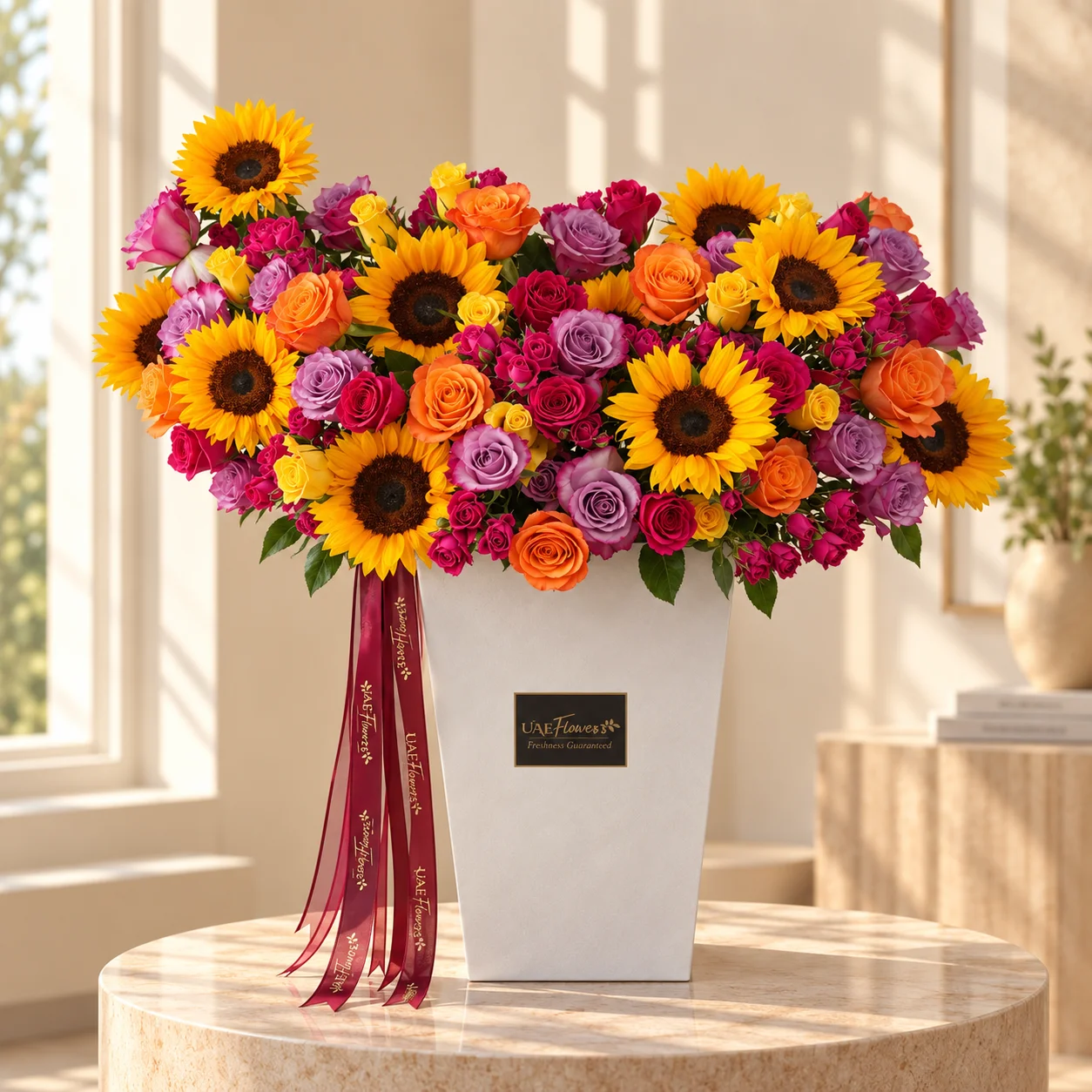 Luxury flower box with 9 sunflowers, purple roses, orange roses, fuchsia roses and spray roses with a red ribbon by UAE Flowers Dubai