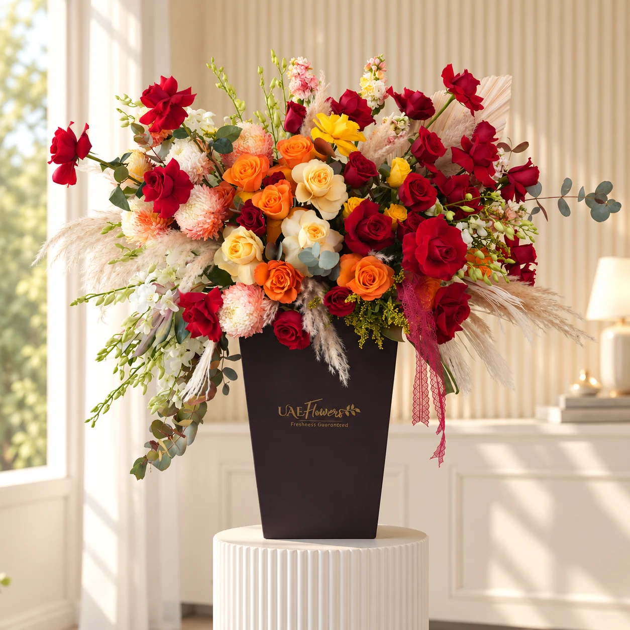 Luxury mixed flower box arrangement with red, orange, yellow, and peach roses, white orchids, colourful chrysanthemums, pampas grass, eucalyptus, and solidago by UAE Flowers Dubai.