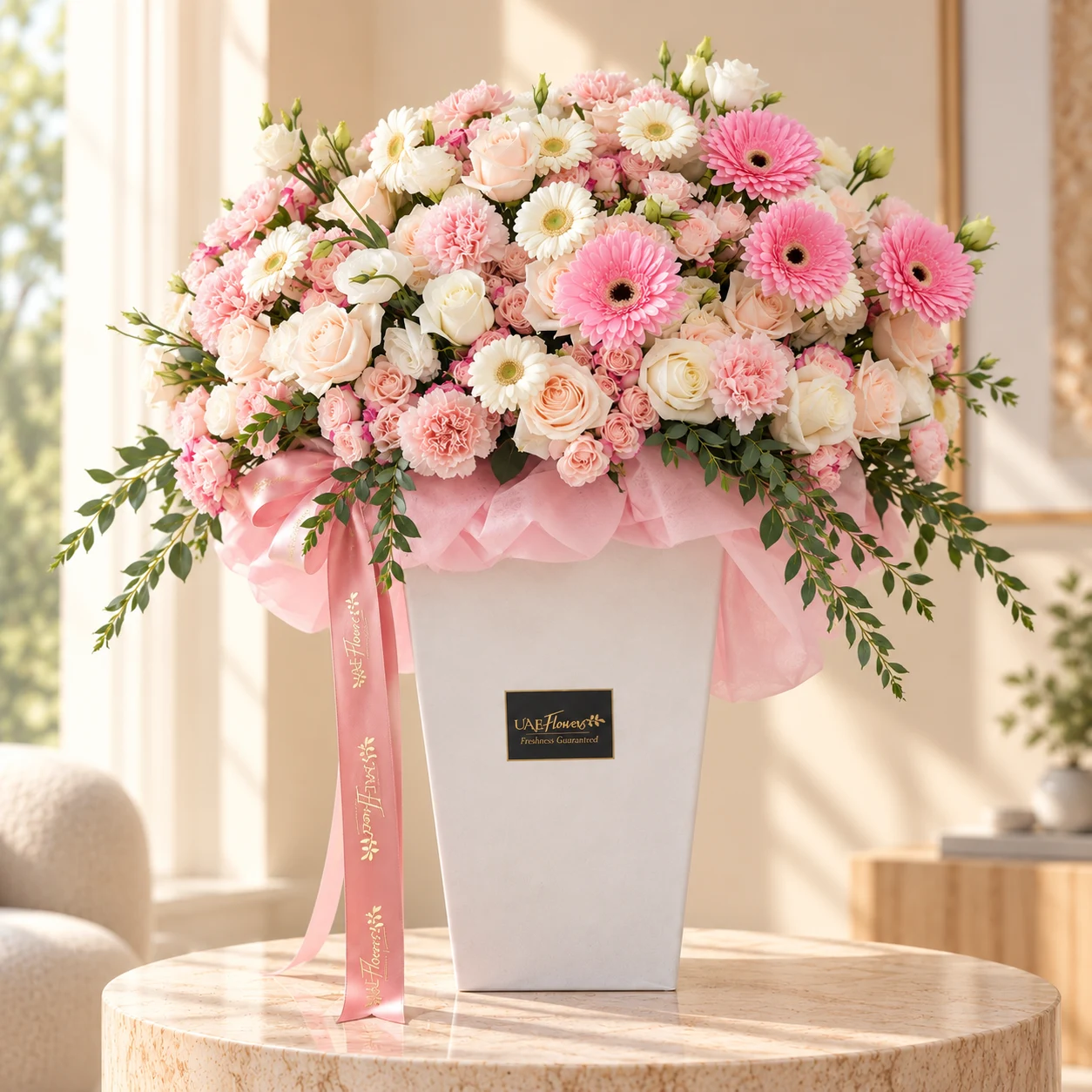 Luxury white rose and pink carnation flower box with white and pink gerberas, reflex spray roses, and white lisianthus by UAE Flowers Dubai.