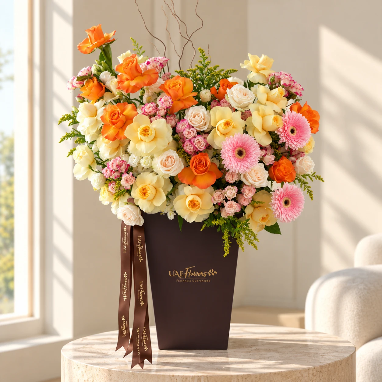 Luxury flower box arrangement with orange, peach, and white roses, reflex spray roses, decorative salix branches, and solidago fillers by UAE Flowers Dubai.