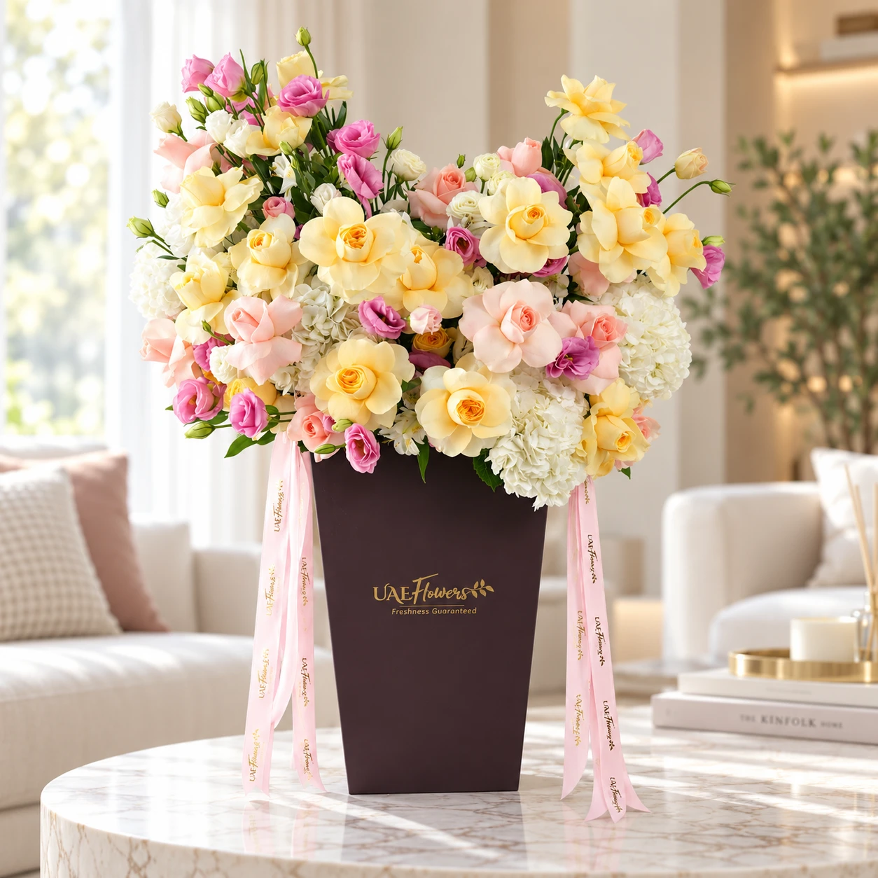 Luxury flower box arrangement with buttercup roses, white hydrangeas, peach roses, pink and white lisianthus by UAE Flowers Dubai.