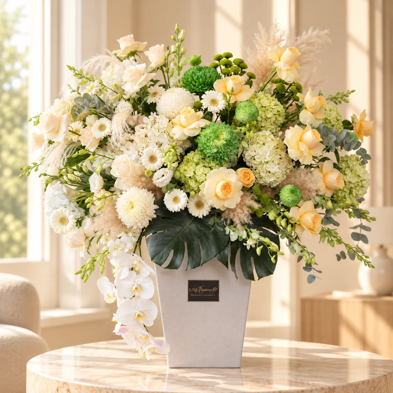 Luxury white and green flower box arrangement with white gerberas, peach roses, green hydrangeas, chrysanthemums, white orchids, lisianthus, and monstera leaves by UAE Flowers Dubai.