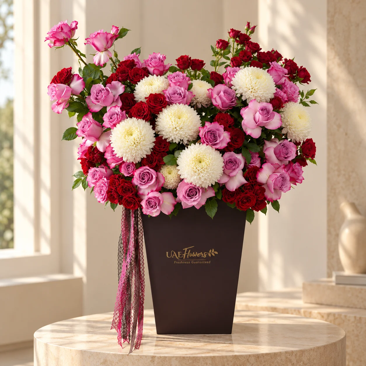 Luxury flower box arrangement with purple roses, red spray roses, and decorative chrysanthemums, finished with elegant ribbons by UAE Flowers Dubai.