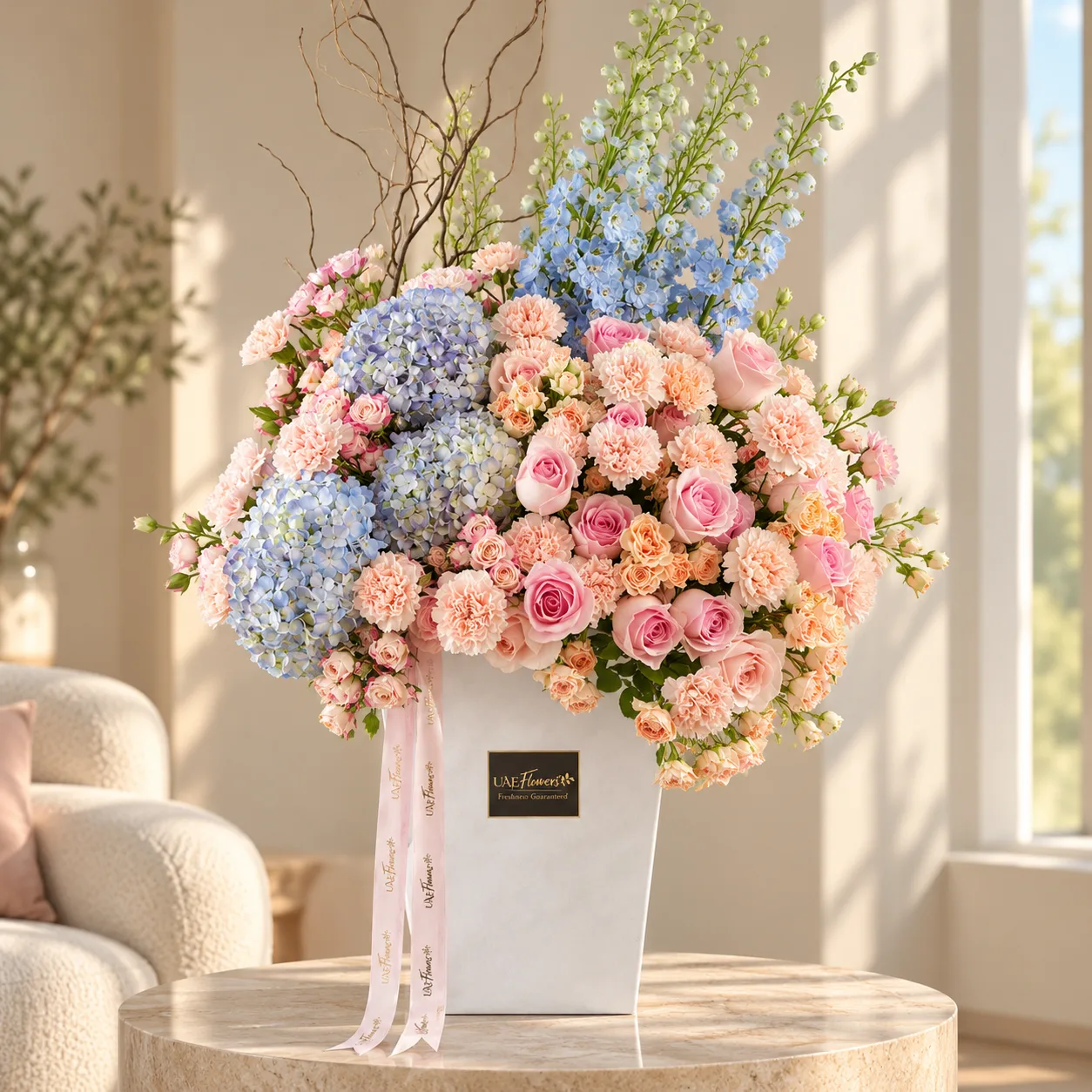 Luxury flower box arrangement with light blue hydrangeas, blue delphiniums, pink and peach roses, pink carnations, spray roses, and decorative salix branches by UAE Flowers Dubai.
