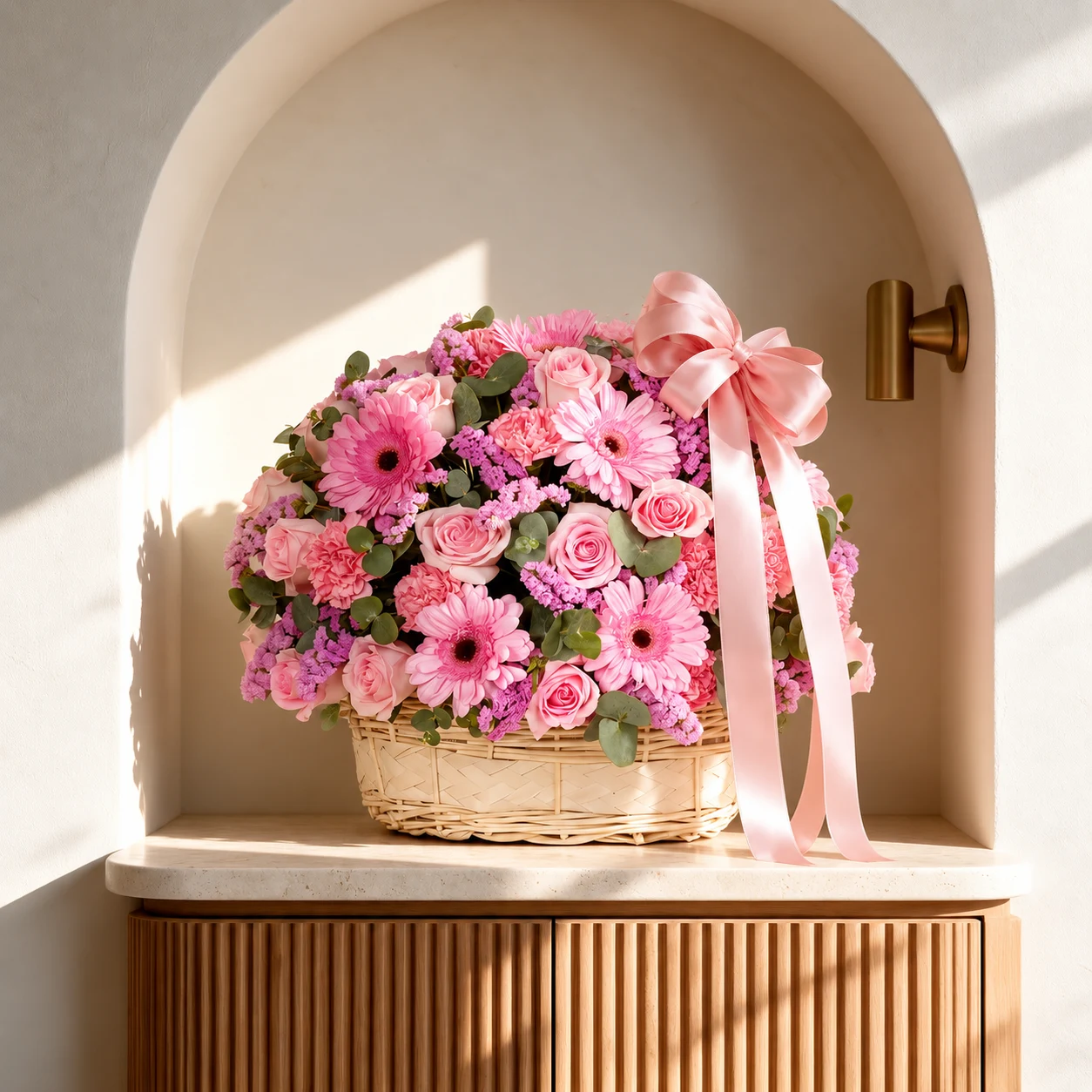Lush pink garden flower basket with roses, gerberas, carnations and purple statice