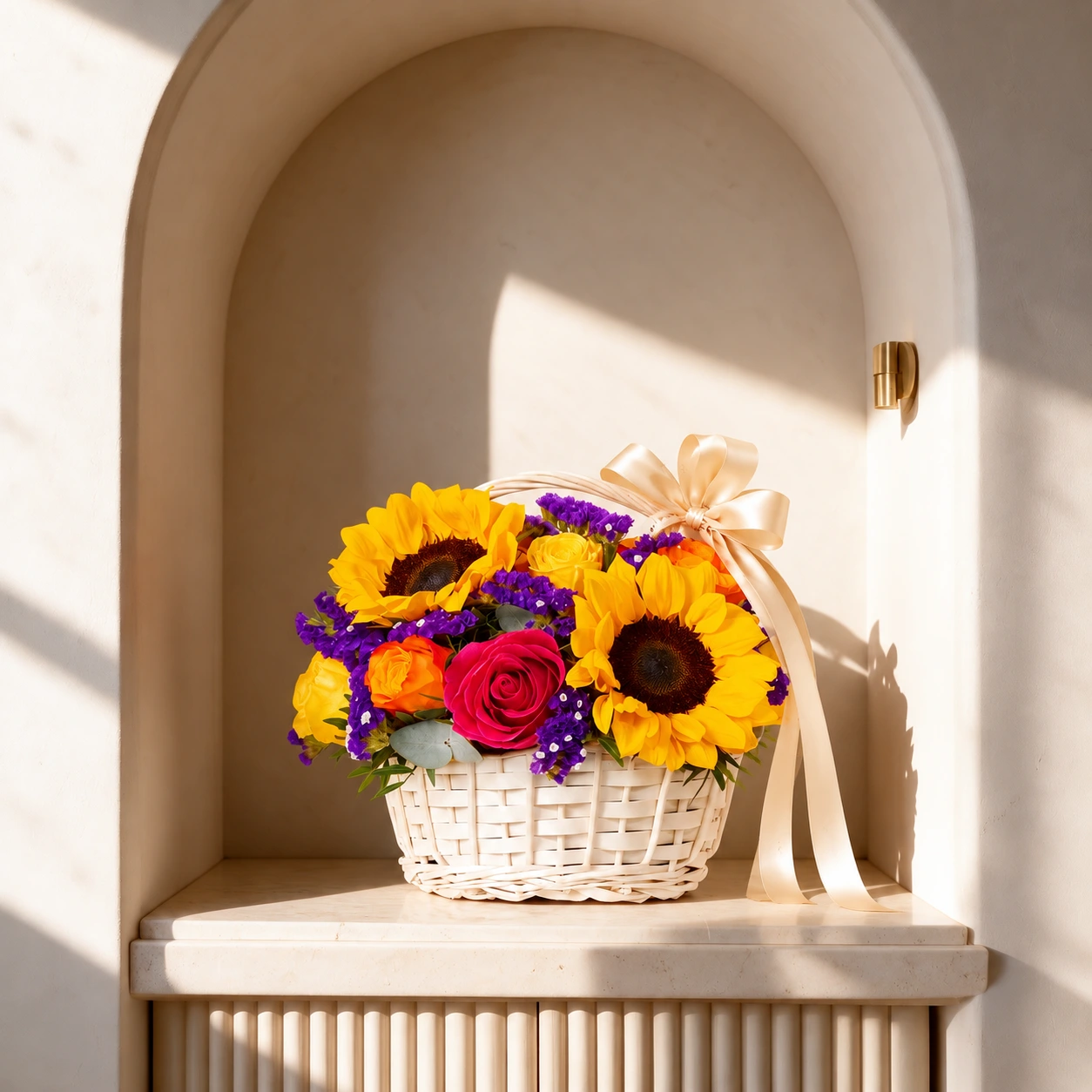 Colourful sunflower and rose flower basket with purple statice and ribbon