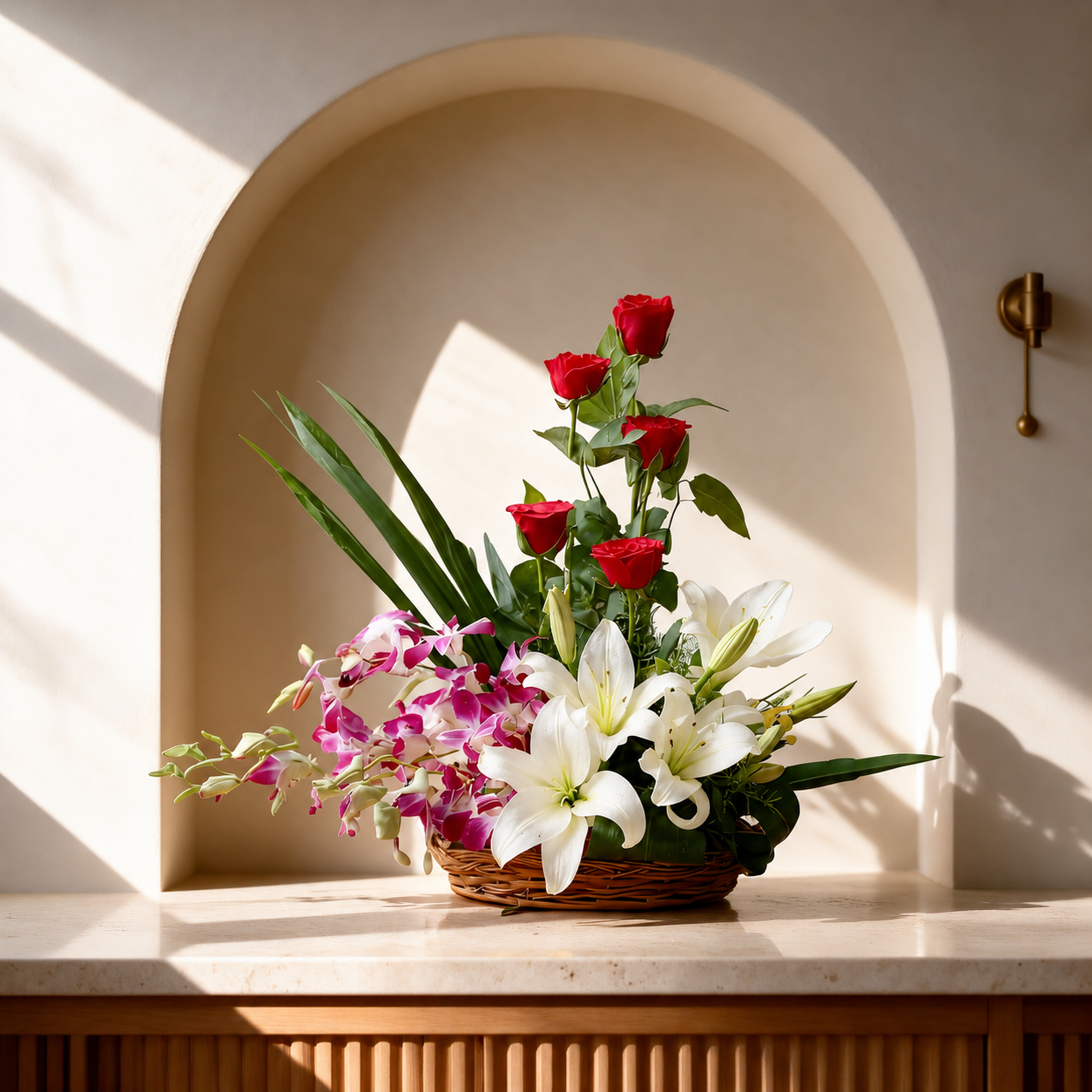 Red roses with white lilies and purple orchids arranged in a basket