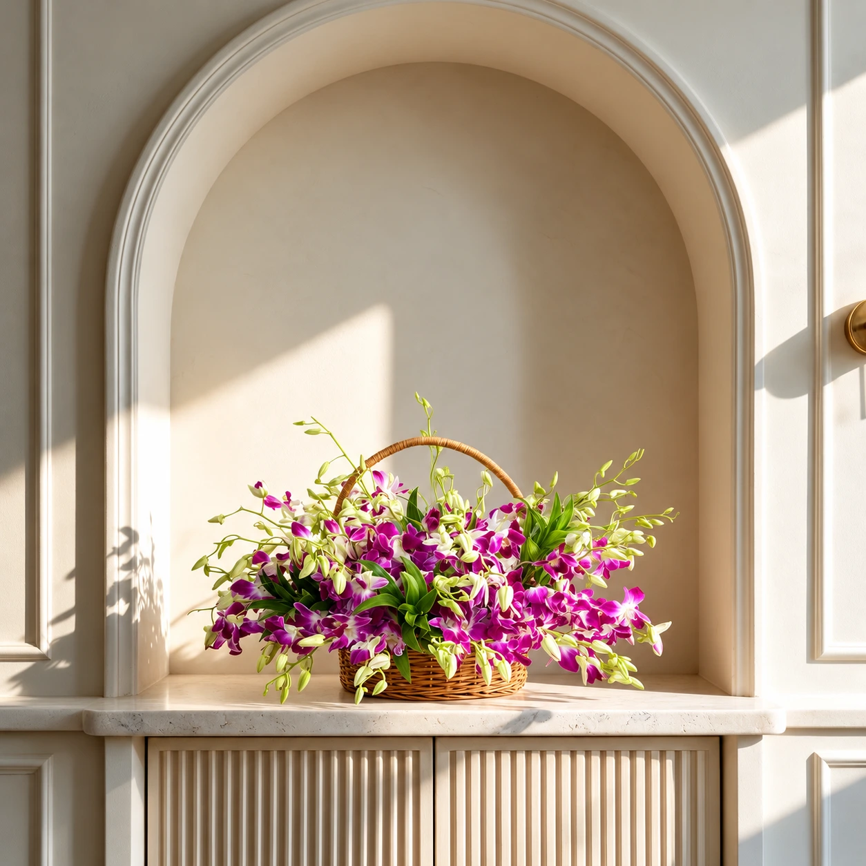 Purple and white orchids arranged in a natural woven flower basket