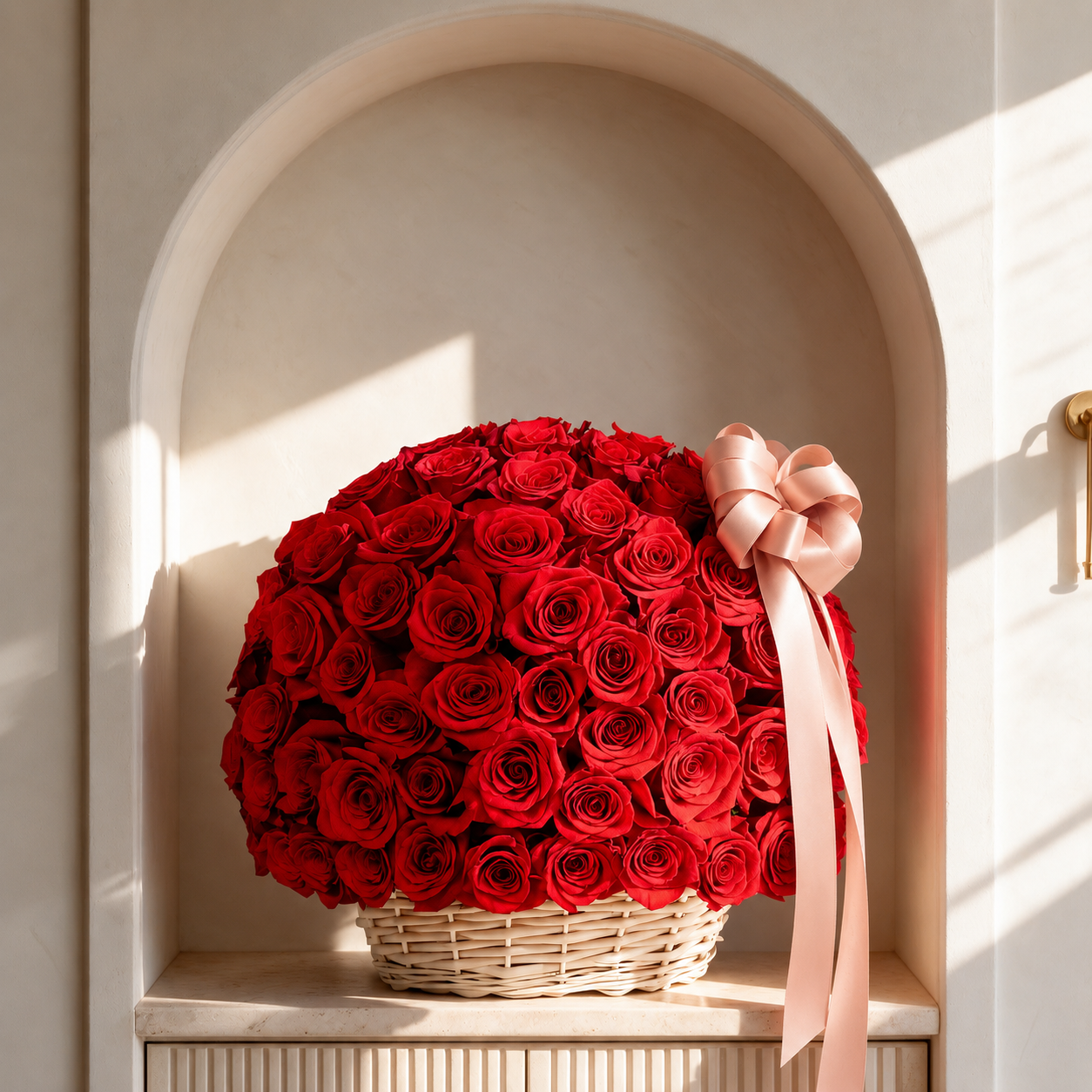 Grand basket filled with luxurious red roses and a blush pink satin ribbon