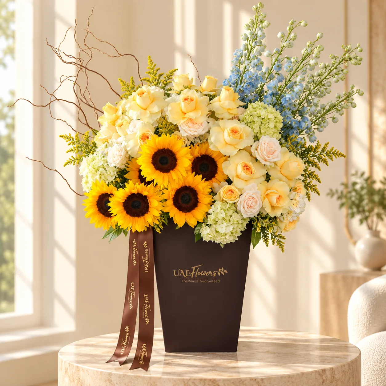 Luxury flower box arrangement with sunflowers, peach and cream roses, green hydrangeas, light blue delphiniums, white alstroemeria, and decorative salix branches by UAE Flowers Dubai.