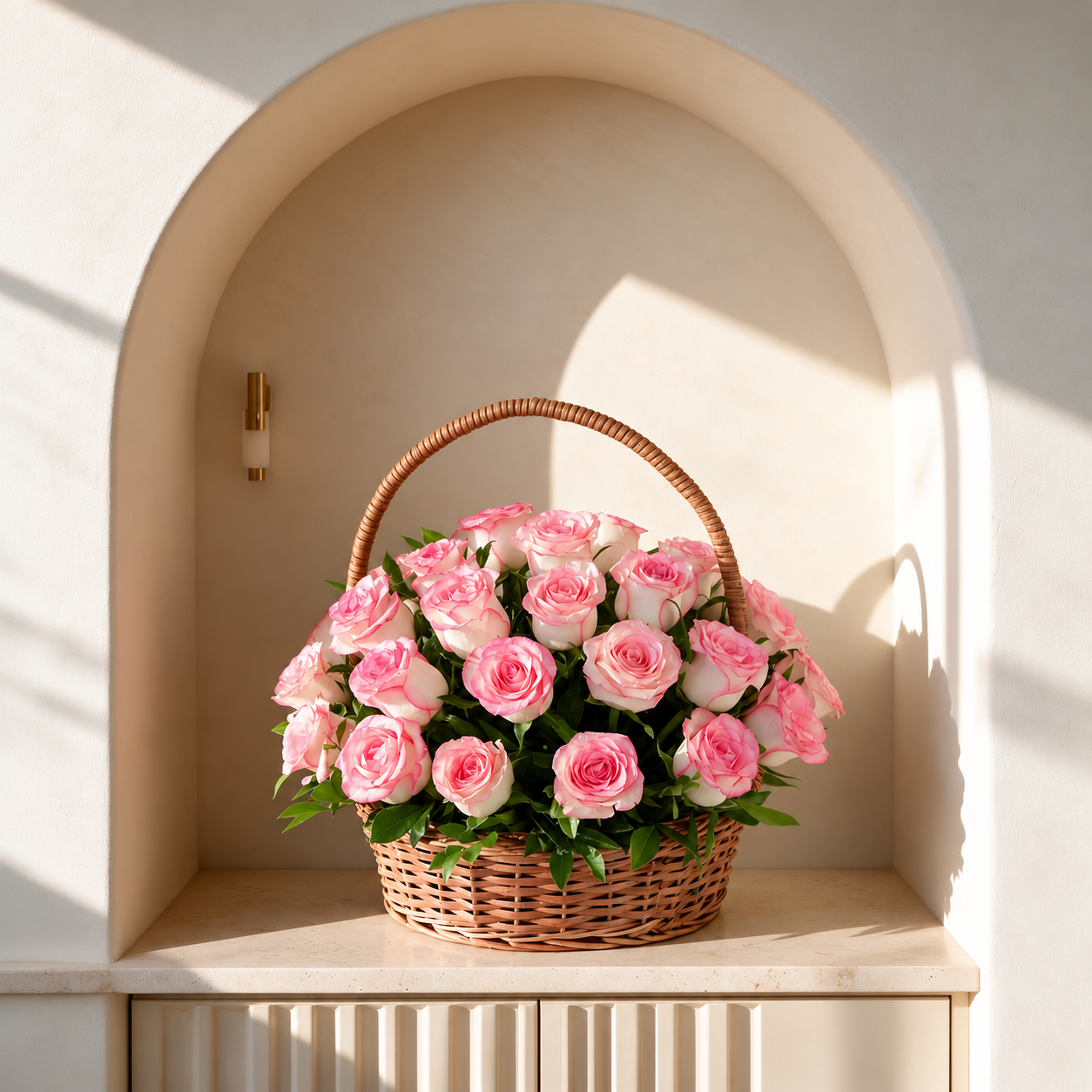 Lush pink roses arranged with green foliage in a woven flower basket