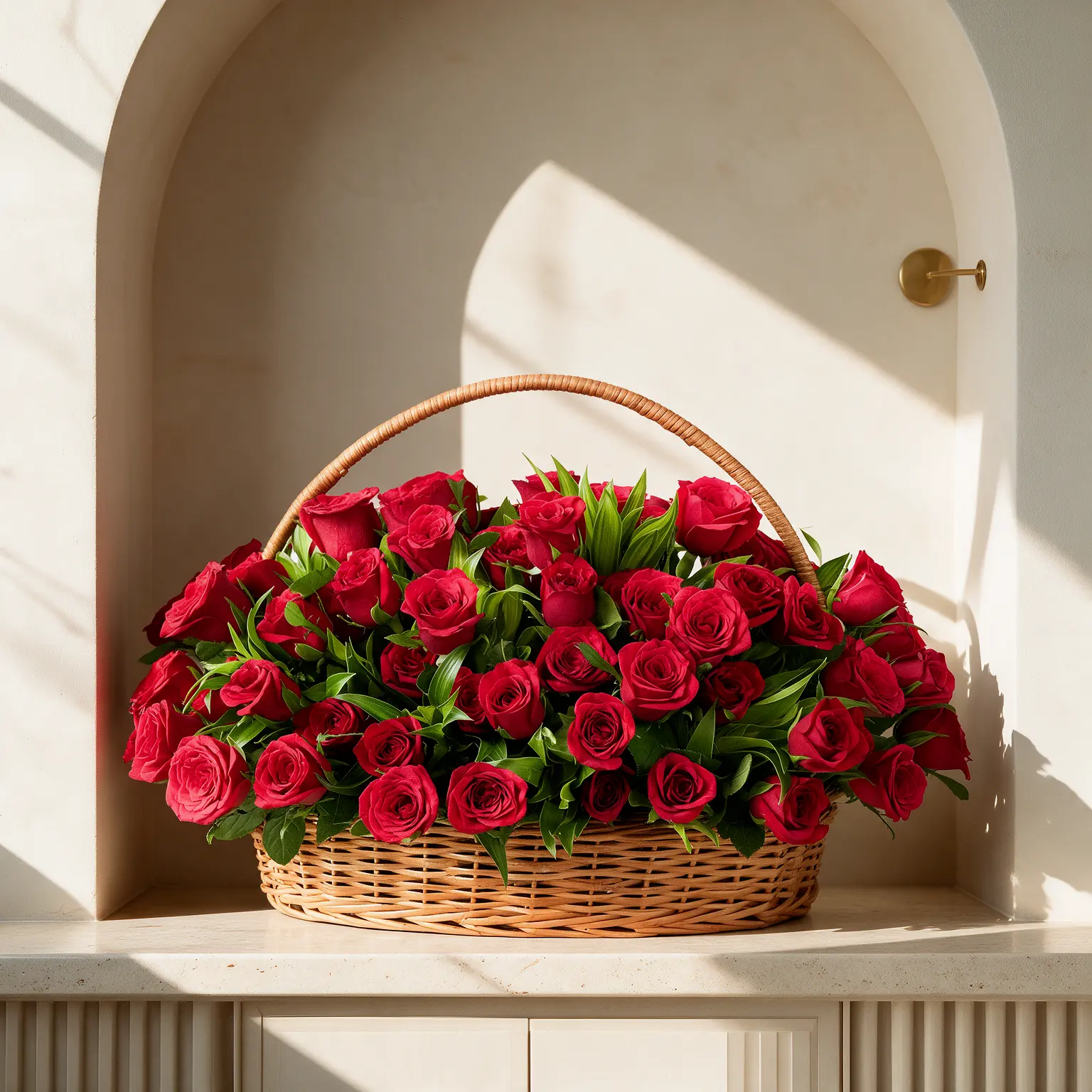 100 red roses arranged in a large woven flower basket with green foliage