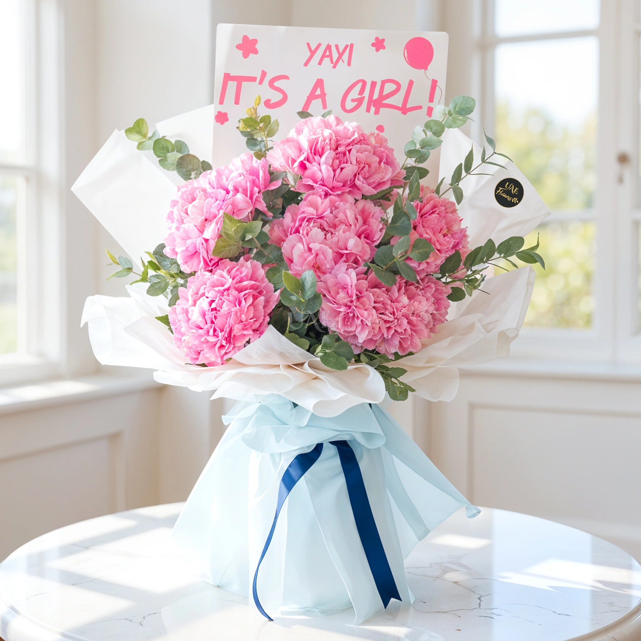 Bouquet of 6 pink hydrangeas with greens in nice wrapping.