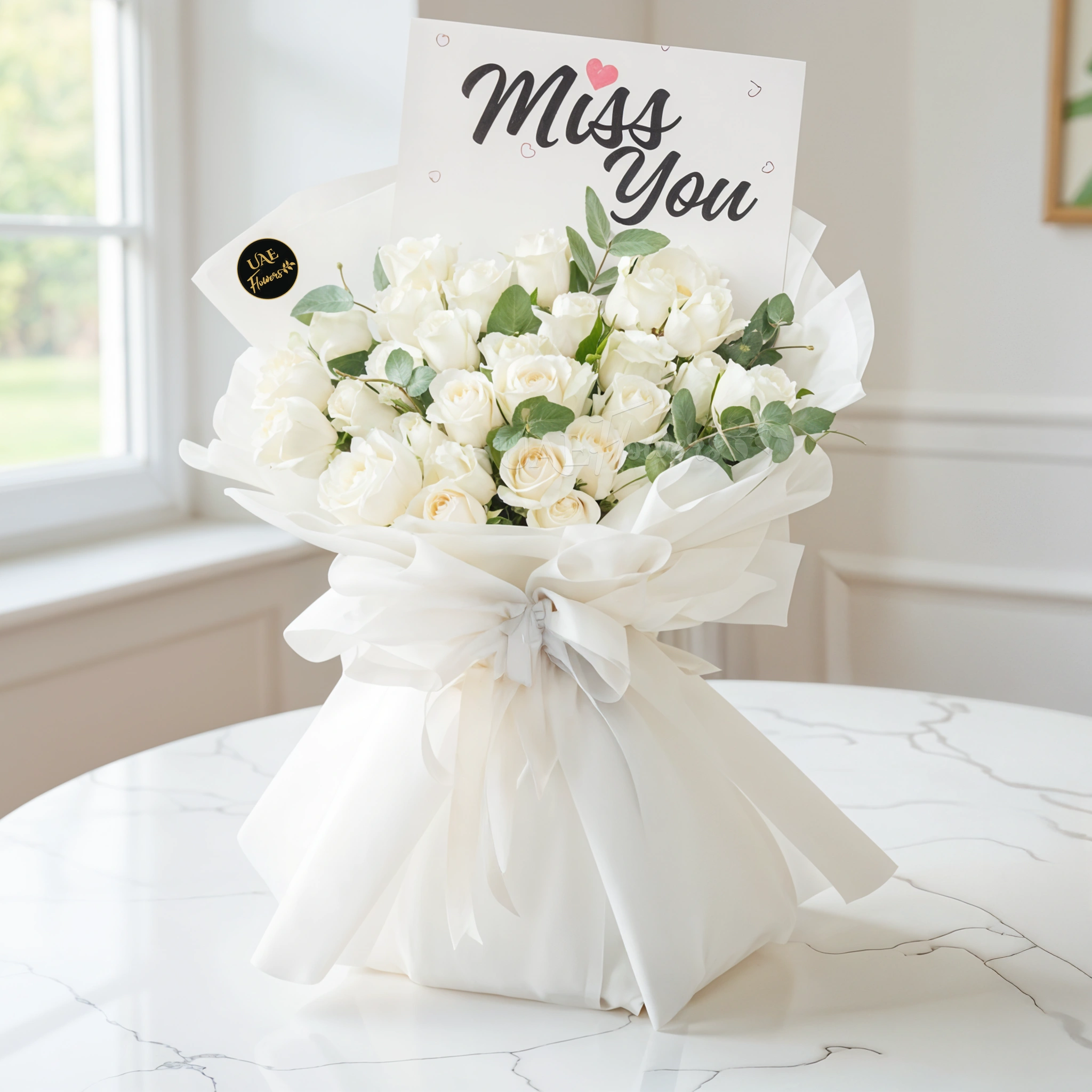 Bouquet of 25 white roses with greens in nice wrapping