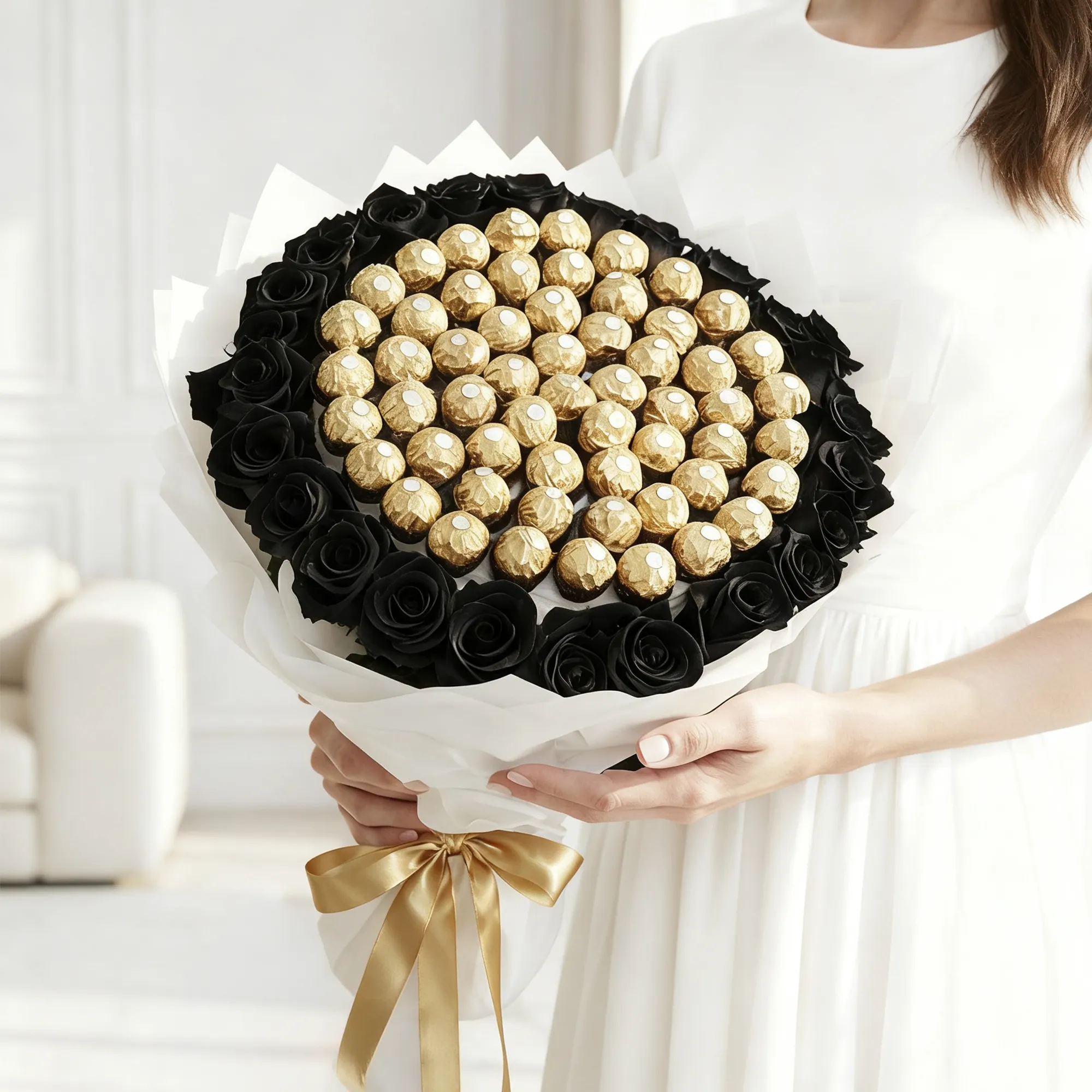30 Black Roses with 48 Ferrero Rocher Chocolate Bouquet