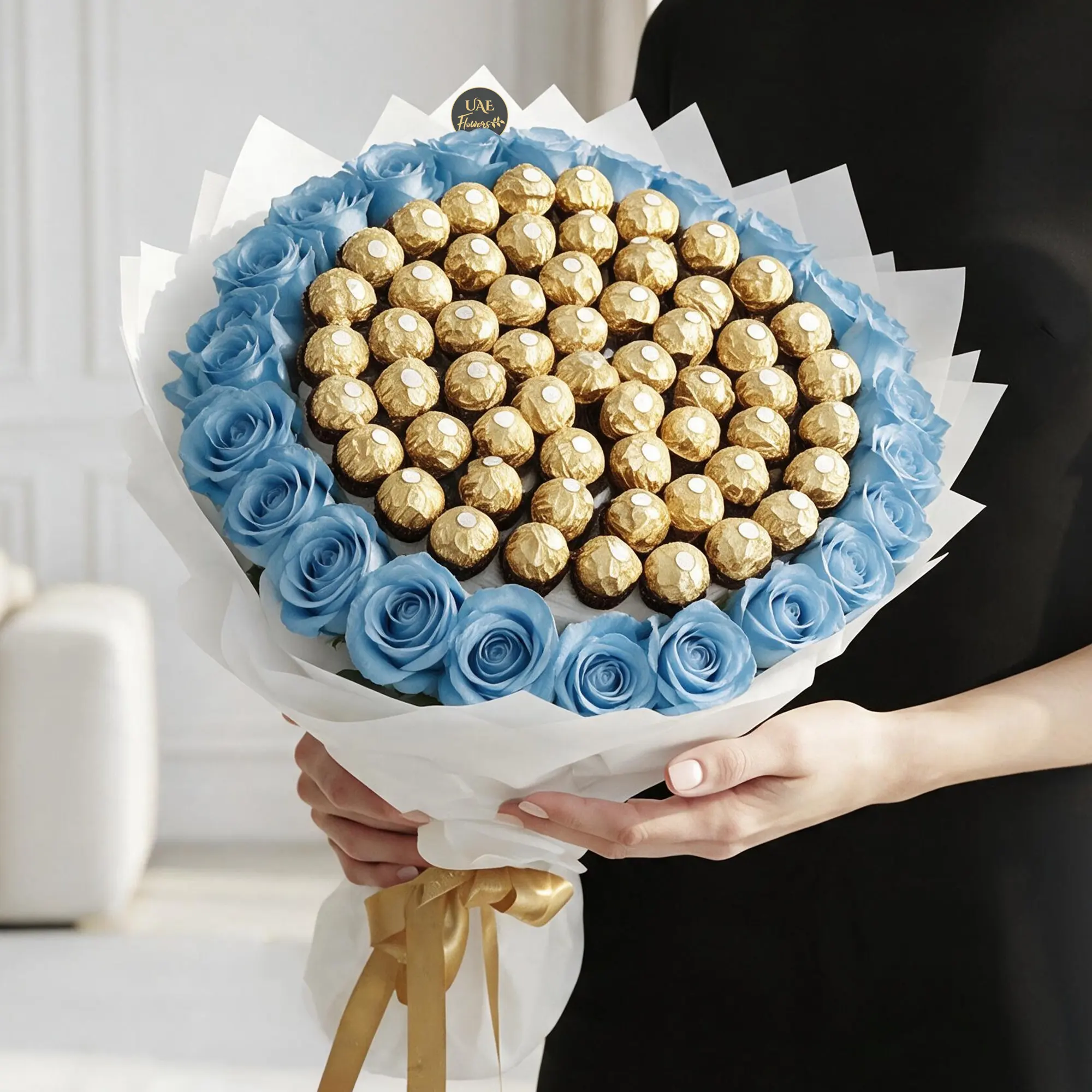 30 Blue Roses with 48 Ferrero Rocher Chocolate Bouquet