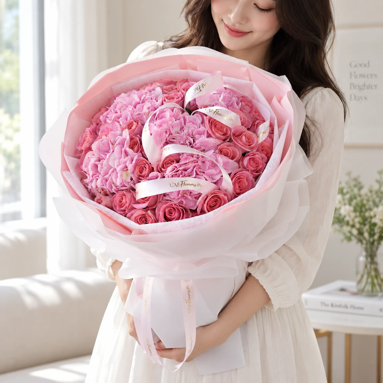 A woman holding a grand hand-tied bouquet of lush pink hydrangeas and premium pink roses, wrapped in layered white and pink paper with a branded UAE Flowers ribbon