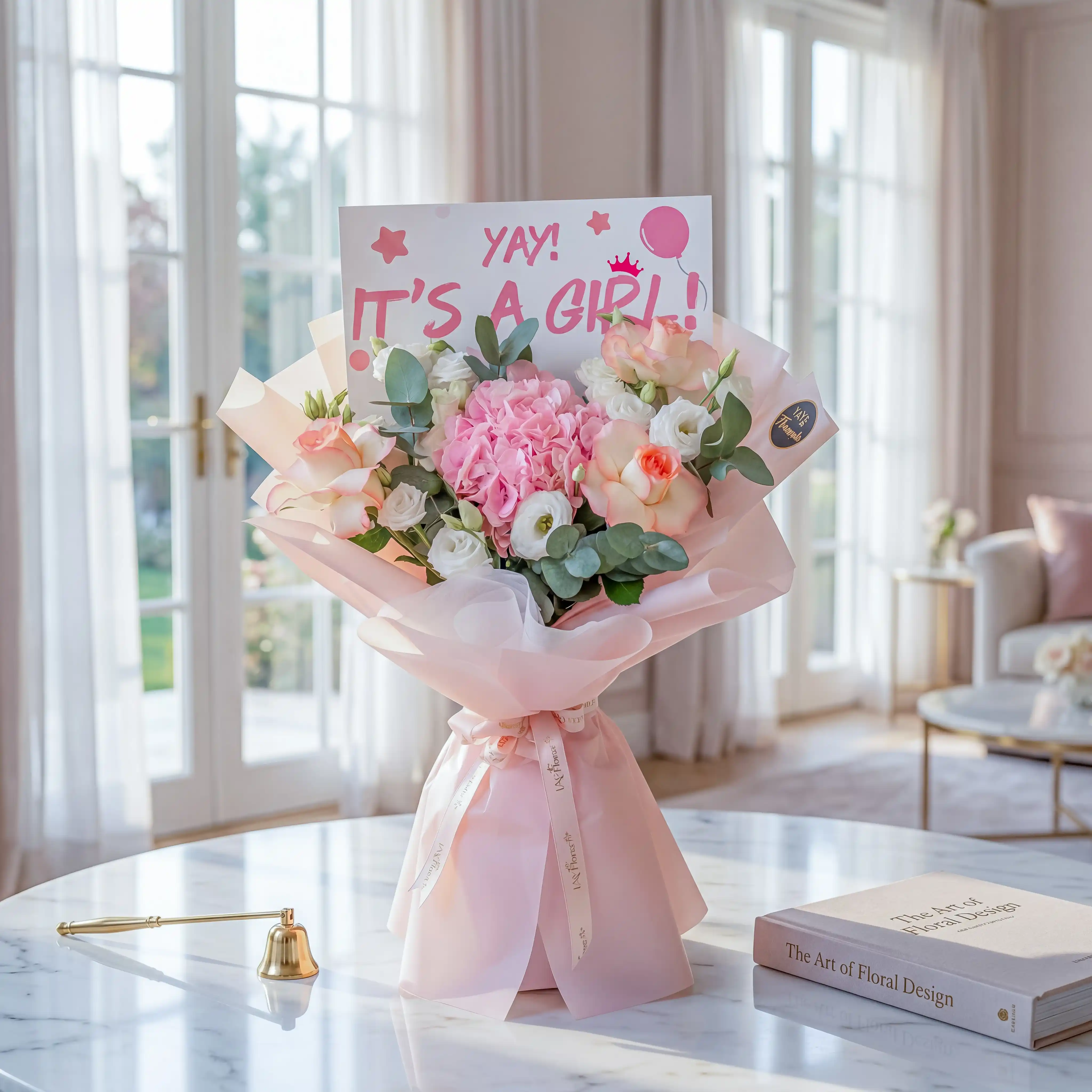 Pink Hydrangea, Roses and White Lisianthus Baby Girl Bouquet
