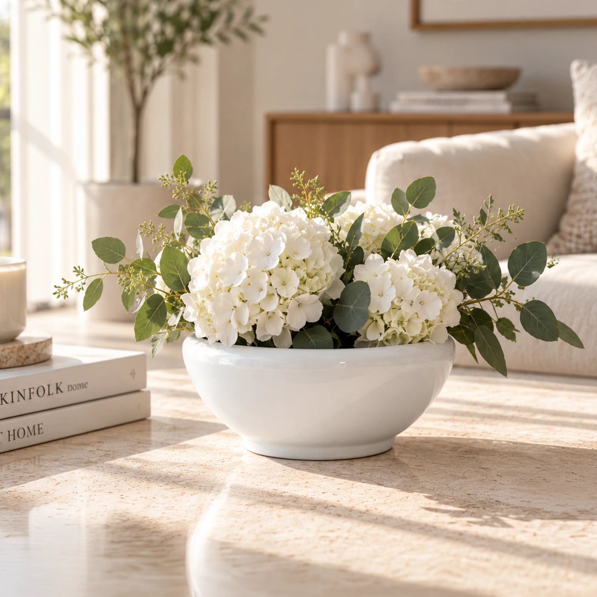 A modern Ivory Grace Hydrangea Centerpiece featuring cloud-like white hydrangeas and fresh eucalyptus in a premium white ceramic bowl on a marble table