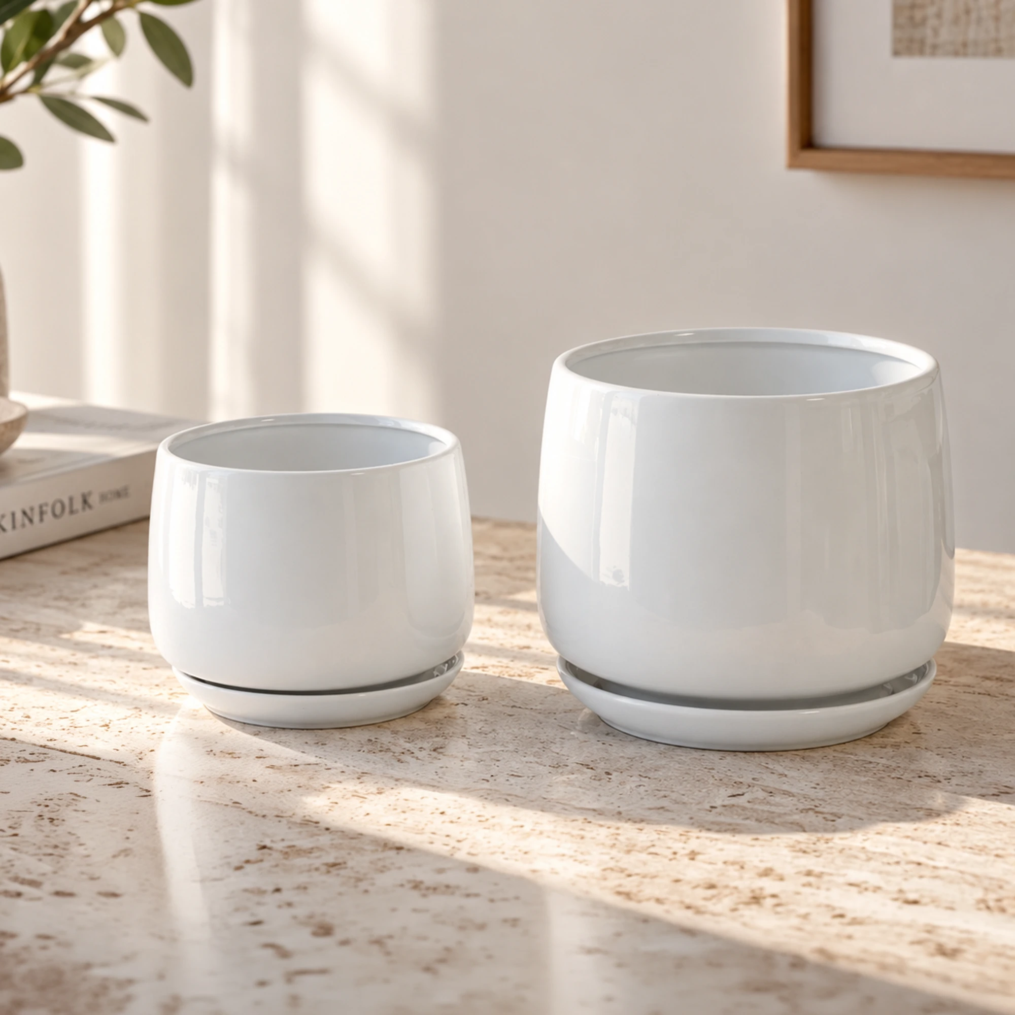 Dual white ceramic plant pot set with small and large pots