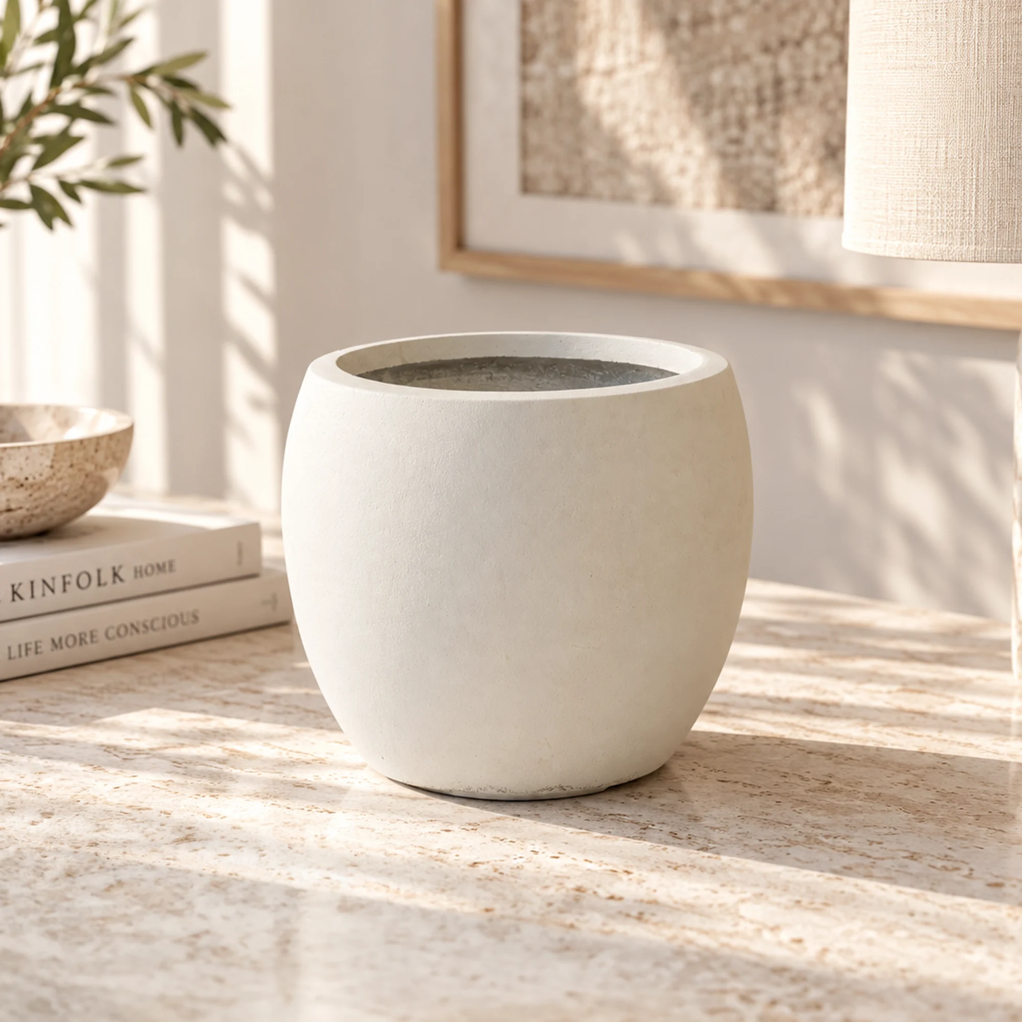 Round white ceramic pot for indoor plants and home décor
